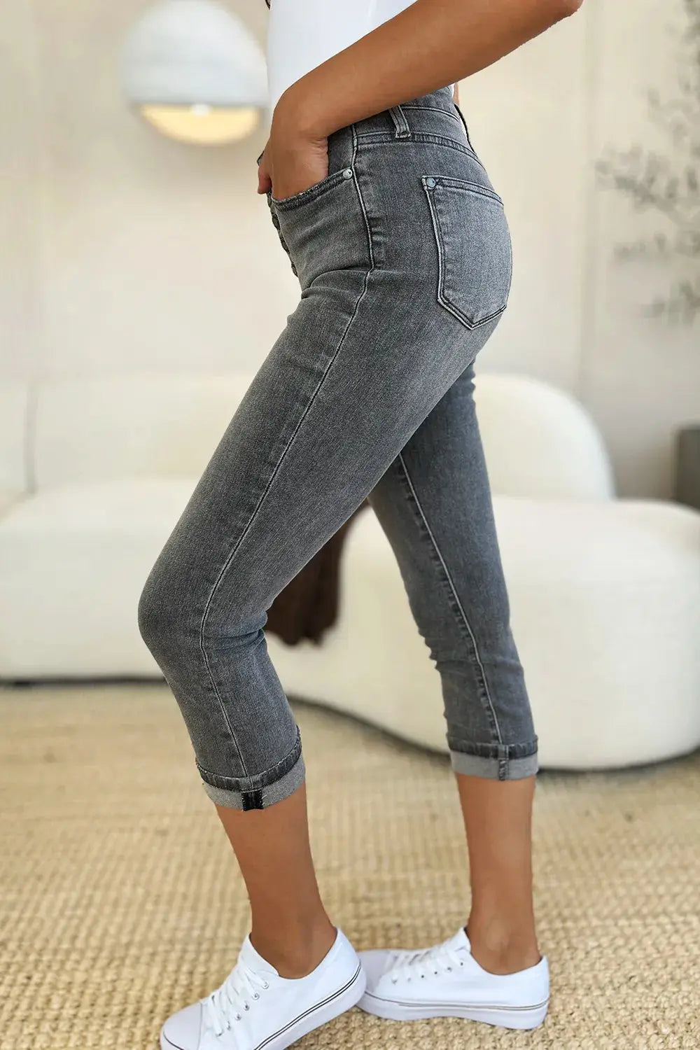 Judy Blue Jeans - Full Size Button Fly High Waist Cuffed Capris - Be Bliss Boutique