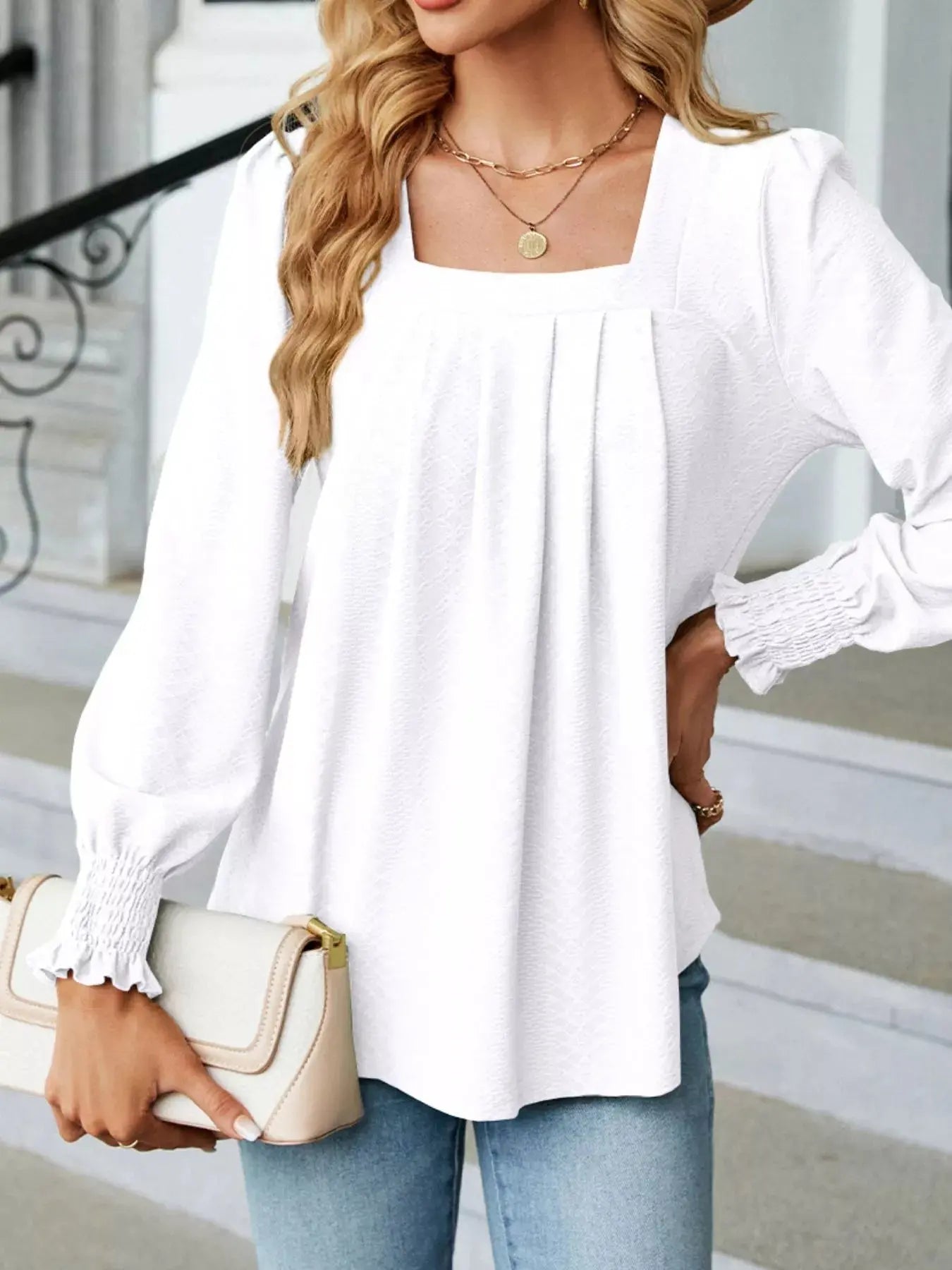 Pleated Square Neck Long Sleeve Top - Be Bliss Boutique