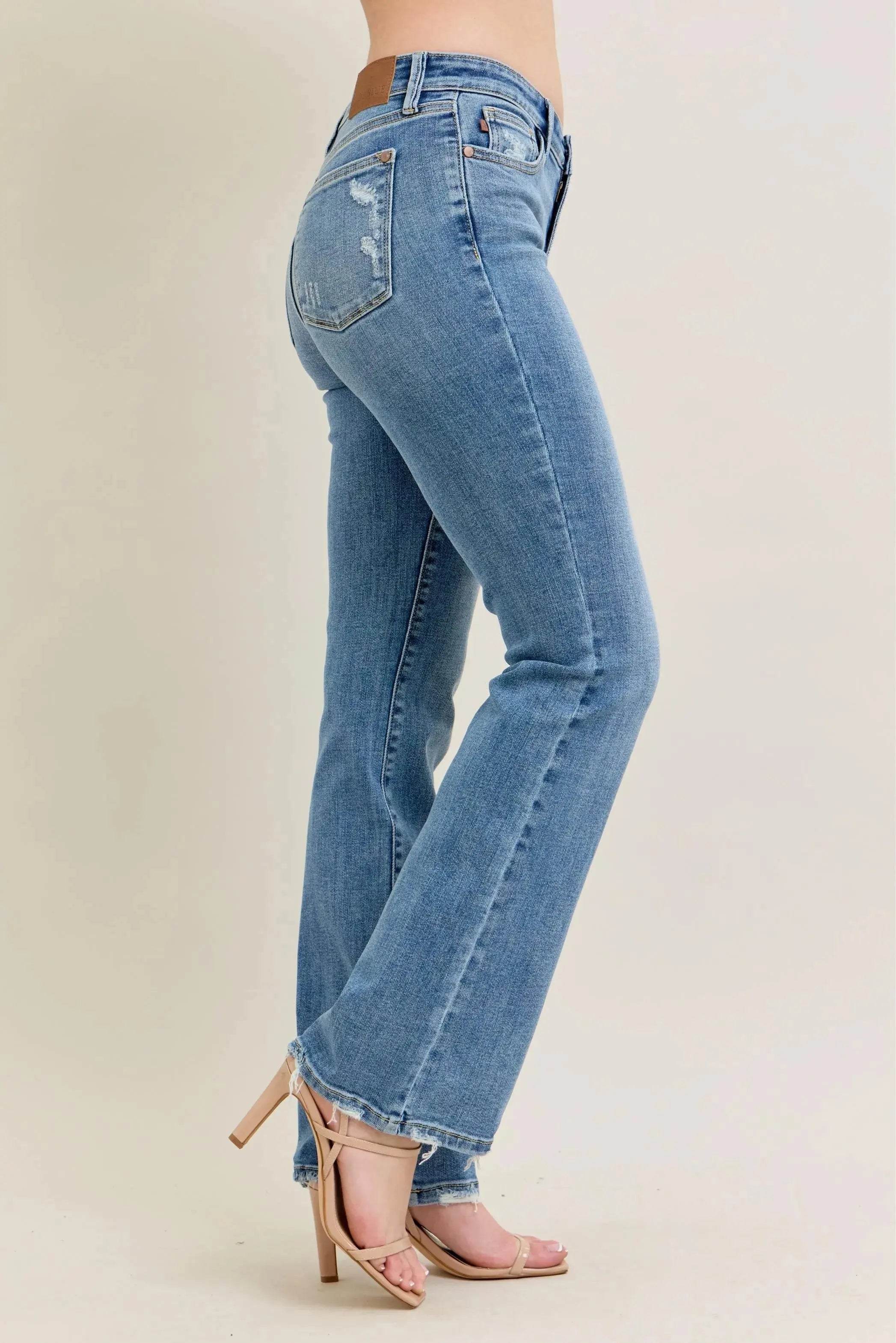Full Size Mid Rise Wash Destroy Hem Bootcut Judy Blue Jeans - Be Bliss Boutique