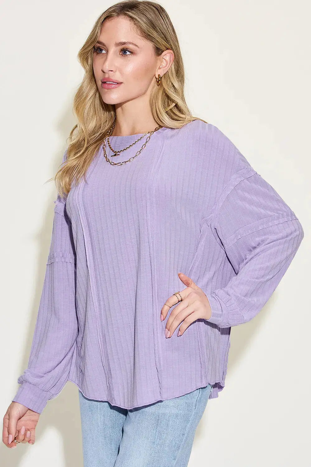 Basic Bae Full Size Round Neck Ribbed Long Sleeve T Shirt - Be Bliss Boutique