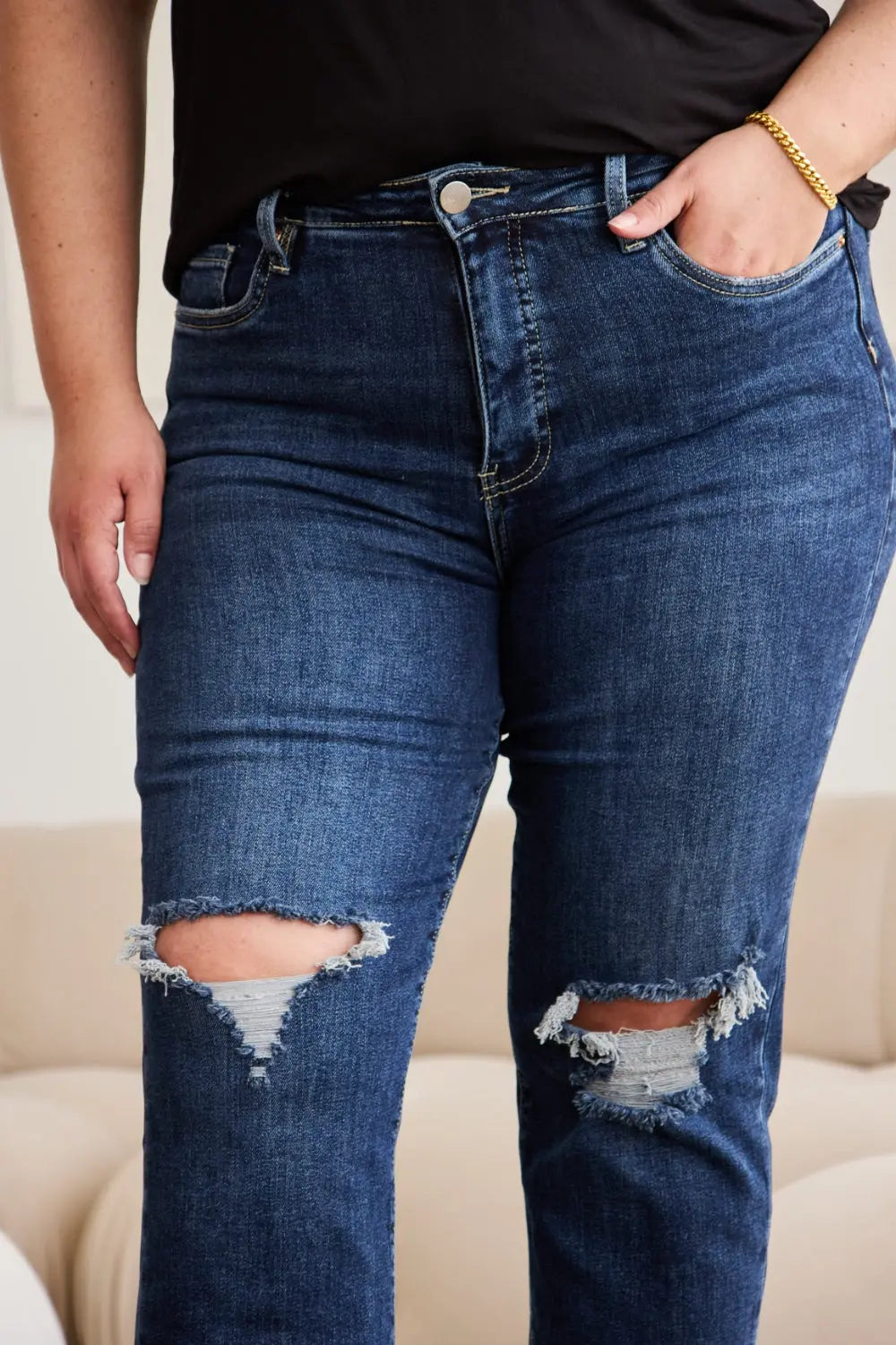 Full Size Tummy Control Distressed High Waist Raw Hem Jeans - Be Bliss Boutique