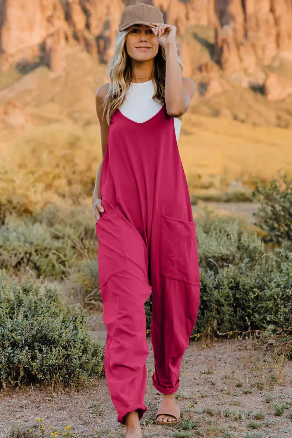 Double Take Full Size V-Neck Sleeveless Jumpsuit with Pockets - Be Bliss Boutique