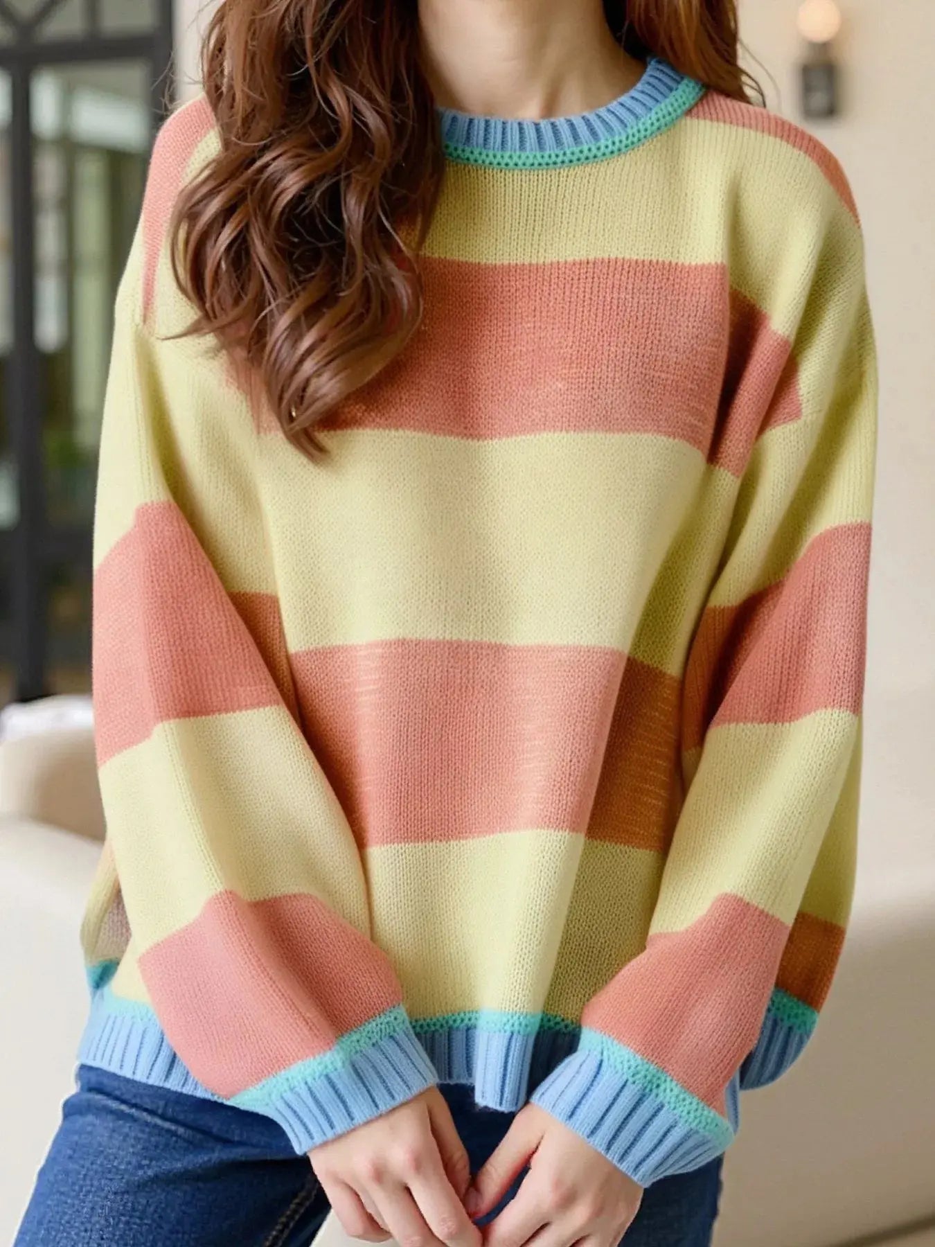 Color Block Oversized Round Neck Sweater - Be Bliss Boutique