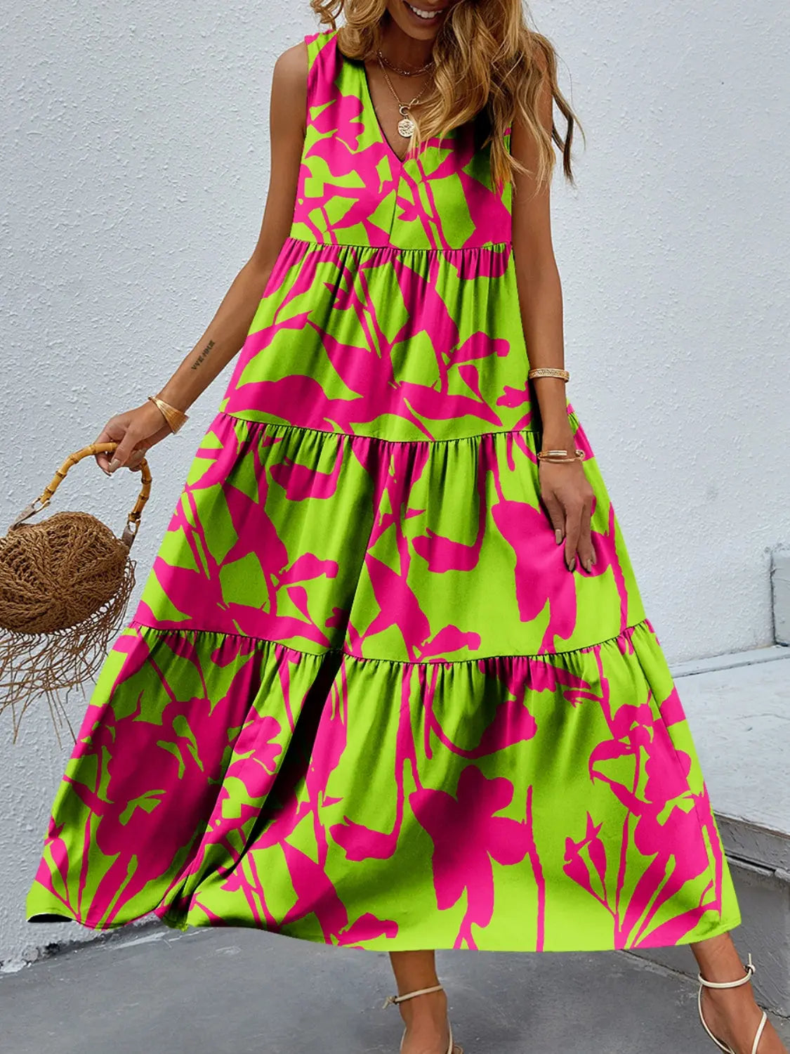 Tiered Printed V-Neck Sleeveless Dress - Be Bliss Boutique