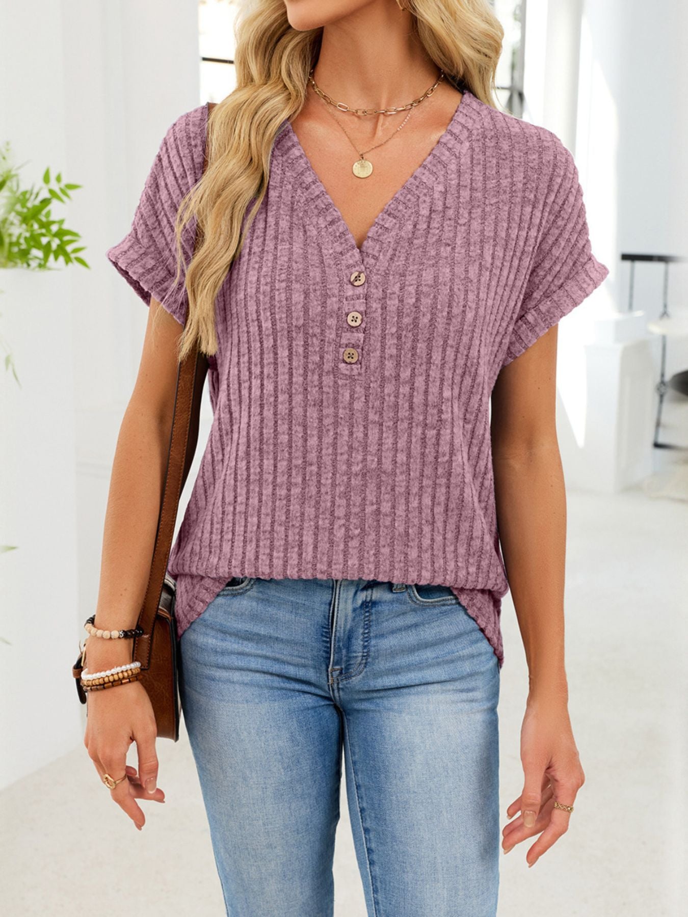 V Neck Ribbed Knit T Shirt - Be Bliss Boutique