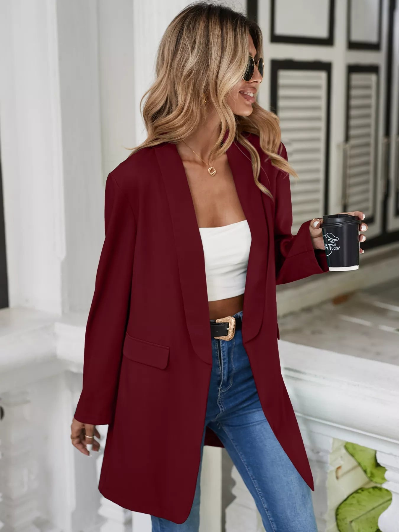 Lapel Collar Long Sleeve Blazer -  Be Bliss Boutique