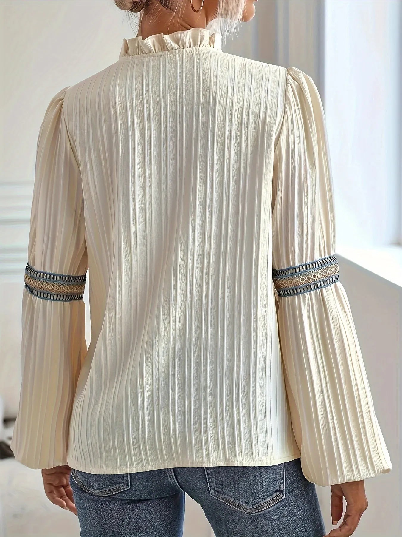 Textured Notched Balloon Sleeve Elegant Blouse - Be Bliss Boutique
