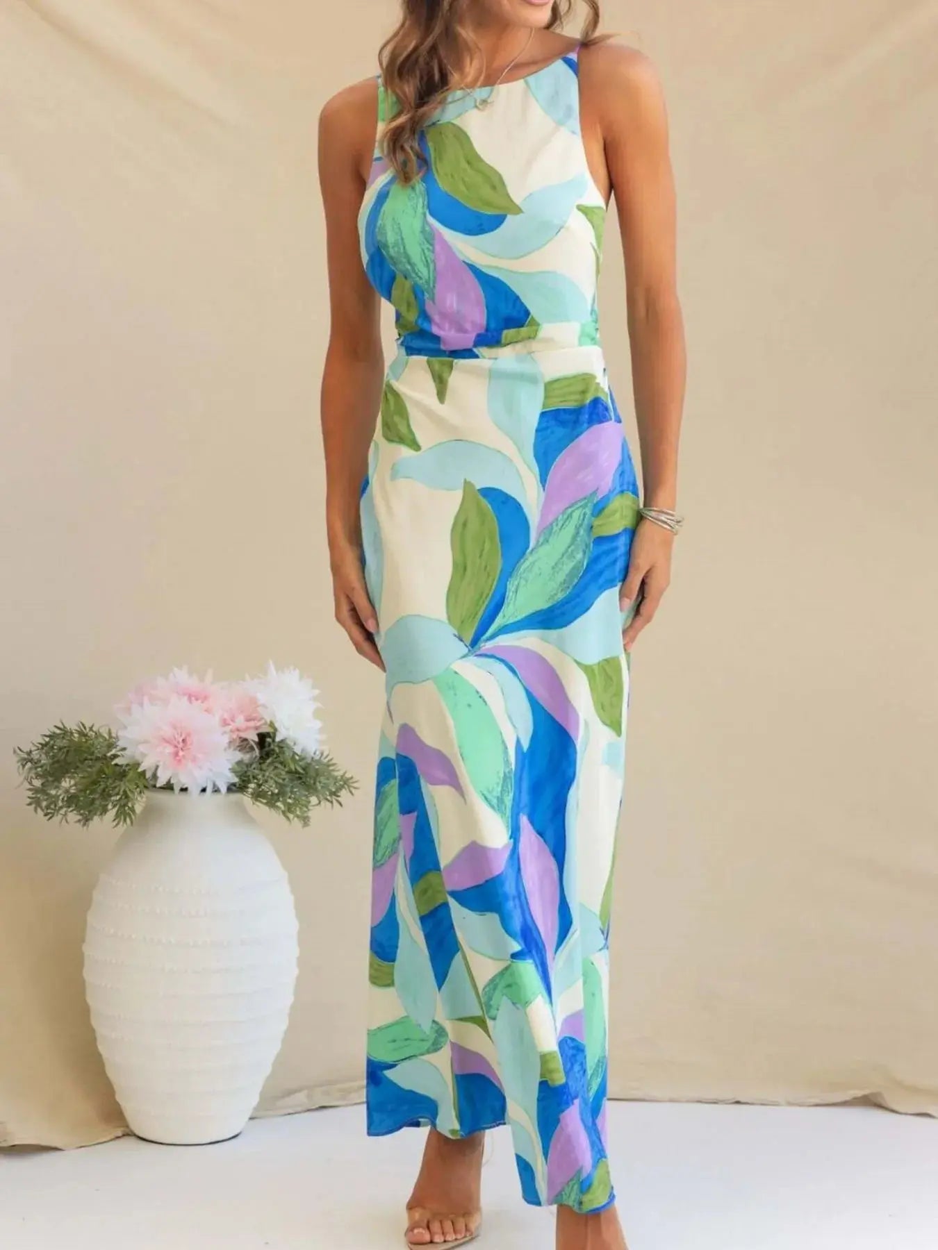 Printed Backless Sleeveless Maxi Dress - Be Bliss Boutique