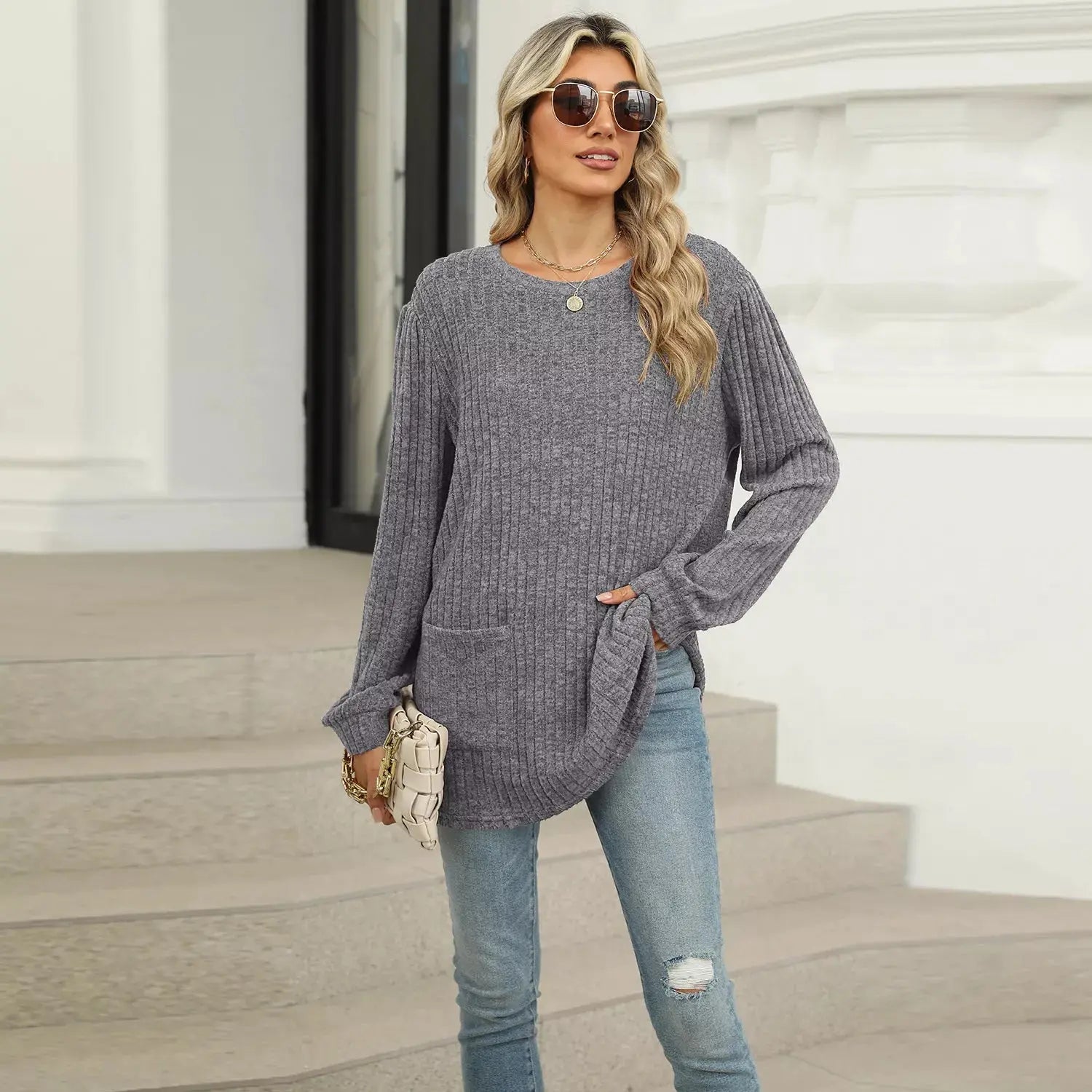 Cozy Ribbed Knit Long Sleeve Tunic Top with Pockets - Be Bliss Boutique