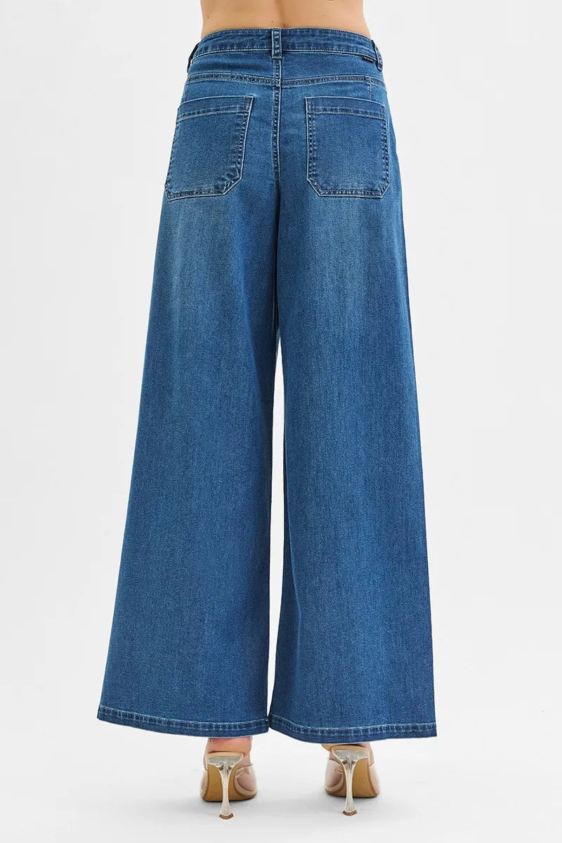 Mid Rise Wide Leg Knit Denim Palazzo RISEN Jeans - Be Bliss Boutique