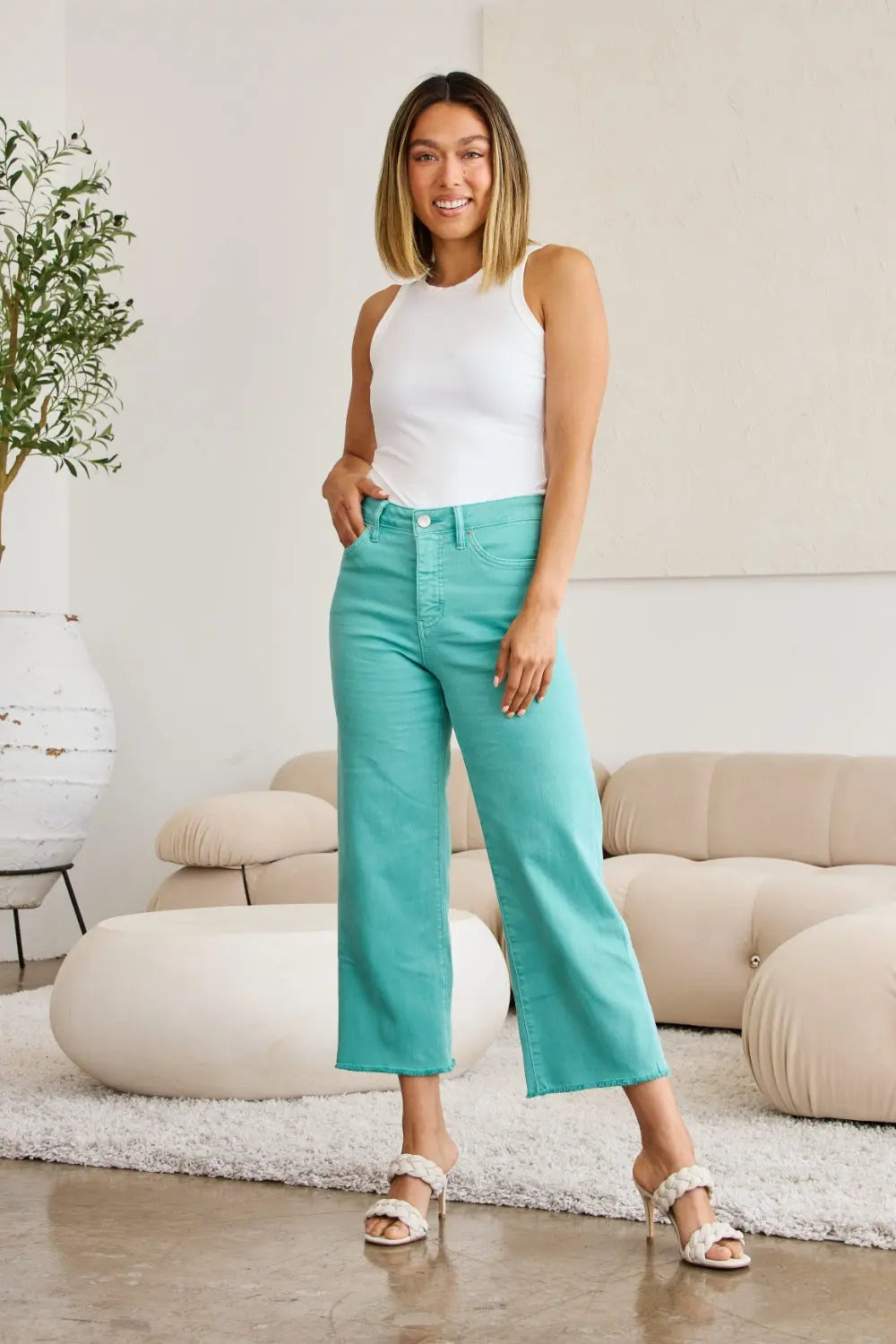 Island Green Full Size Tummy Control High Waist Raw Hem Jeans - Be Bliss Boutique