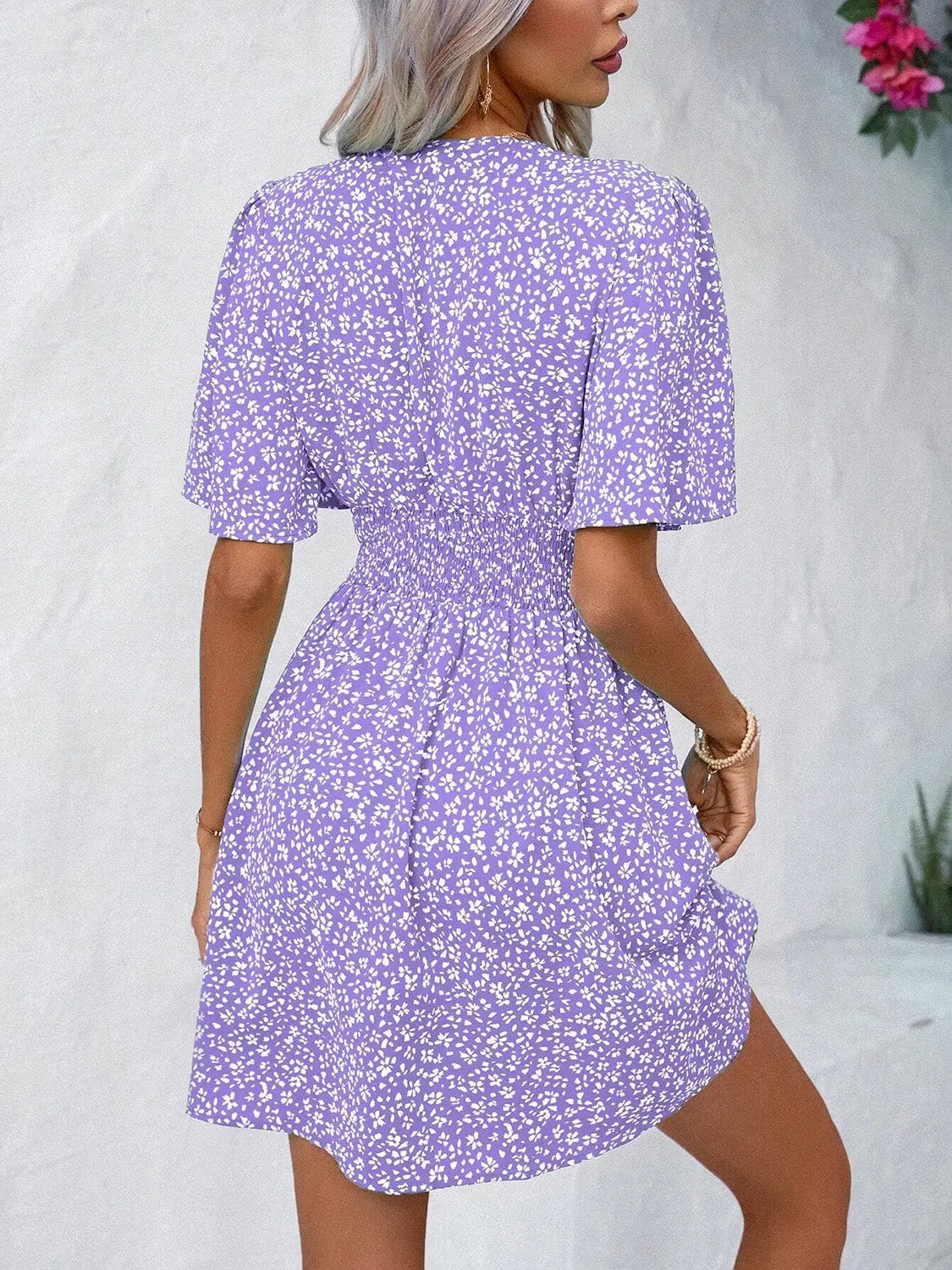 Printed V-Neck Half Sleeve Mini Dress - Be Bliss Boutique
