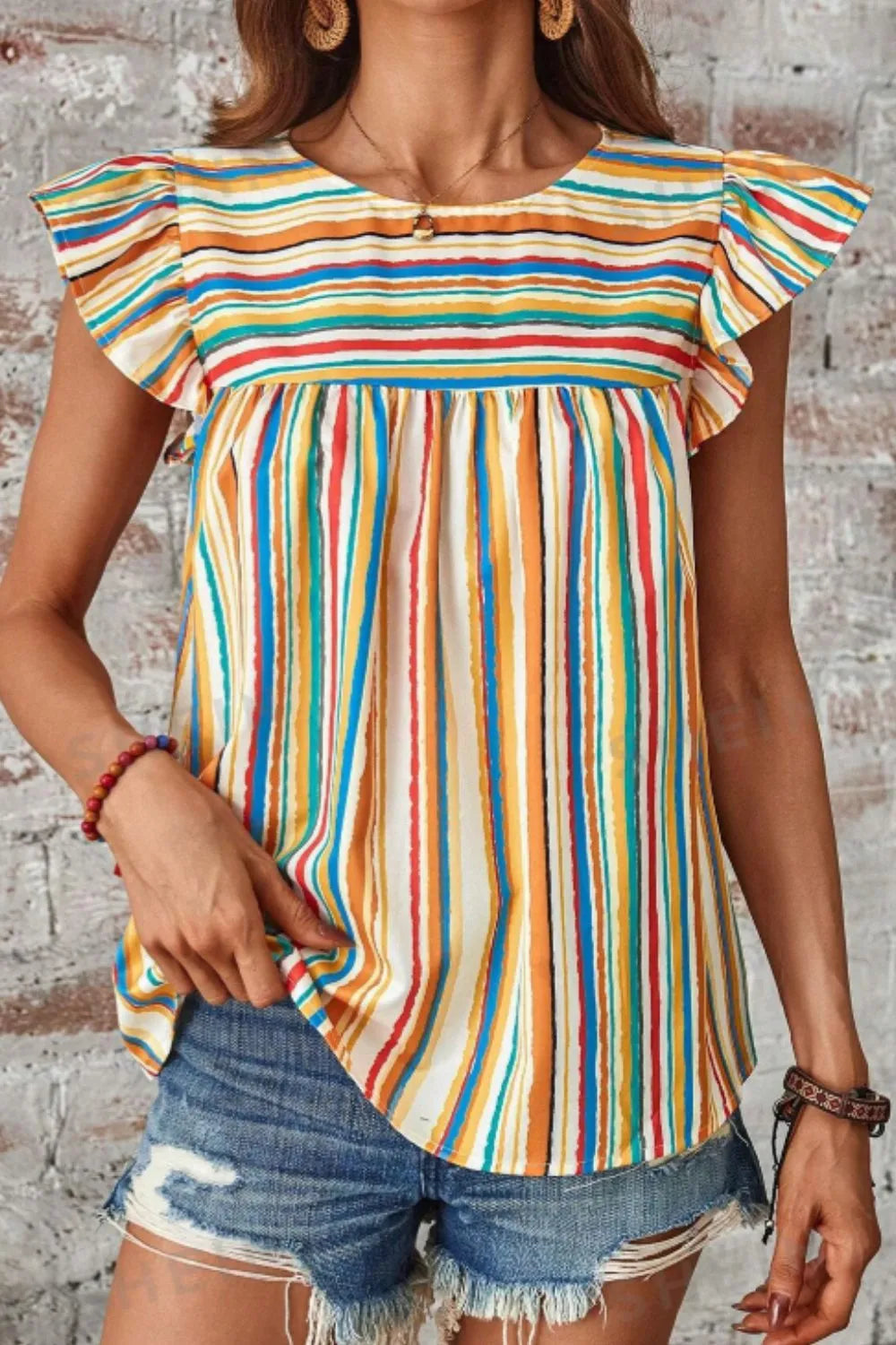 Multicolor Striped Flutter Sleeve Blouse - Be Bliss Boutique