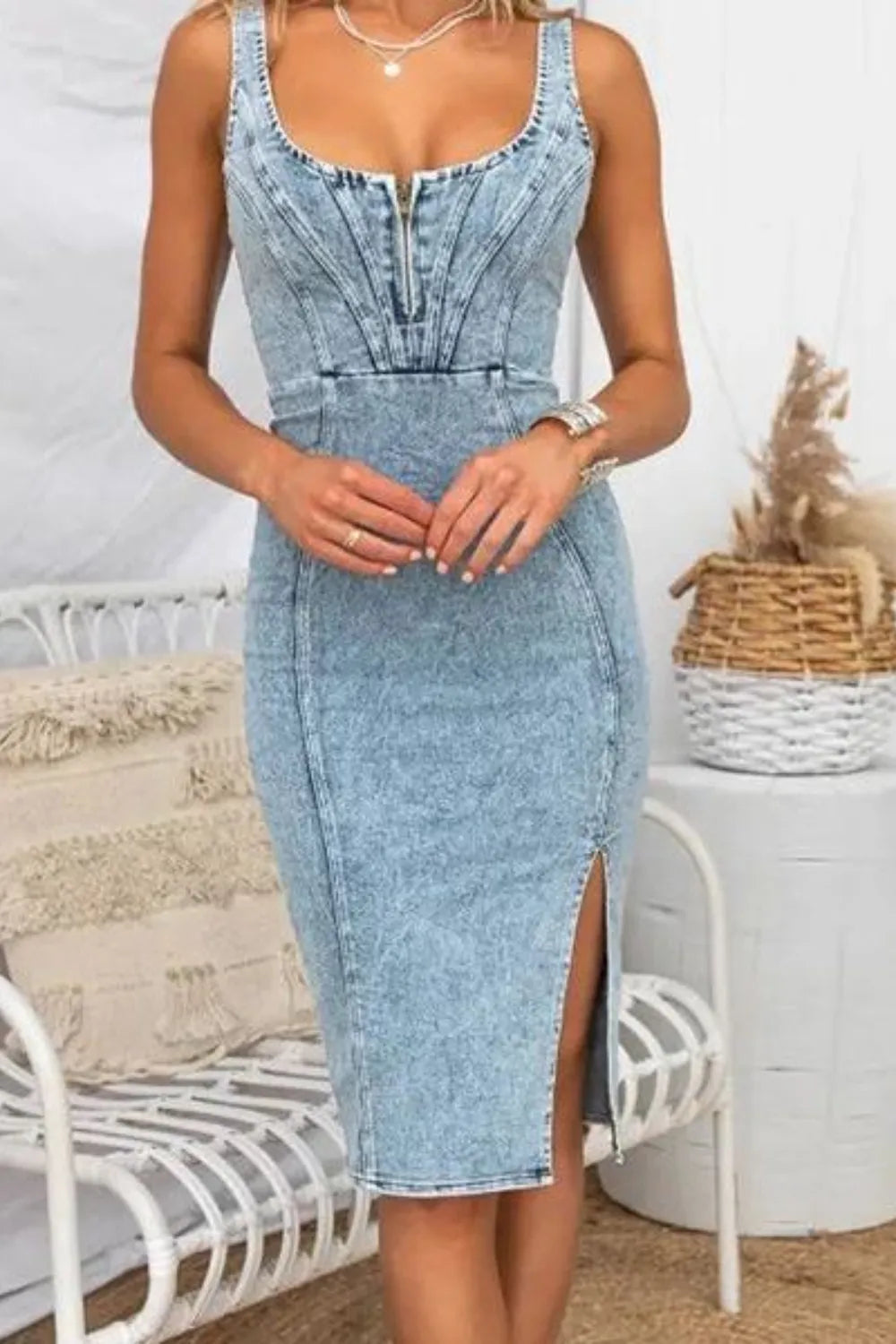 Side Slit Washed Scoop Neck Denim Dress - Be Bliss Boutique