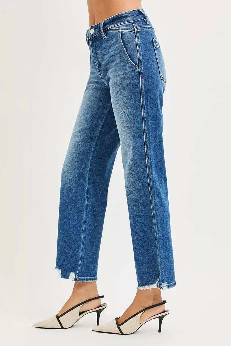 RISEN Jeans - High Rise Ankle Straight Distressed Hem Detail Jeans - Be Bliss Boutique