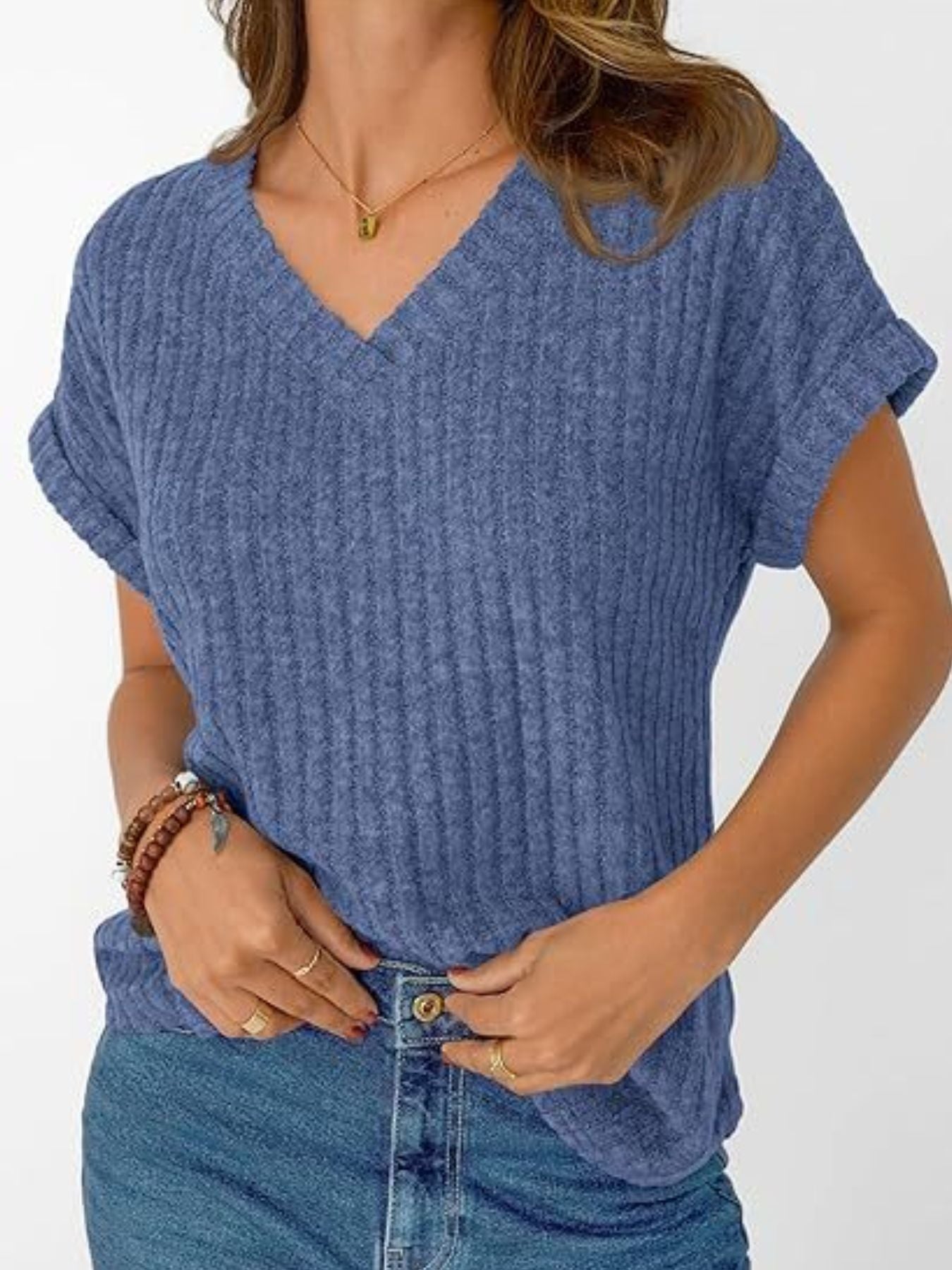 Ribbed Knit V Neck Relaxed Fit T Shirt - Be Bliss Boutique