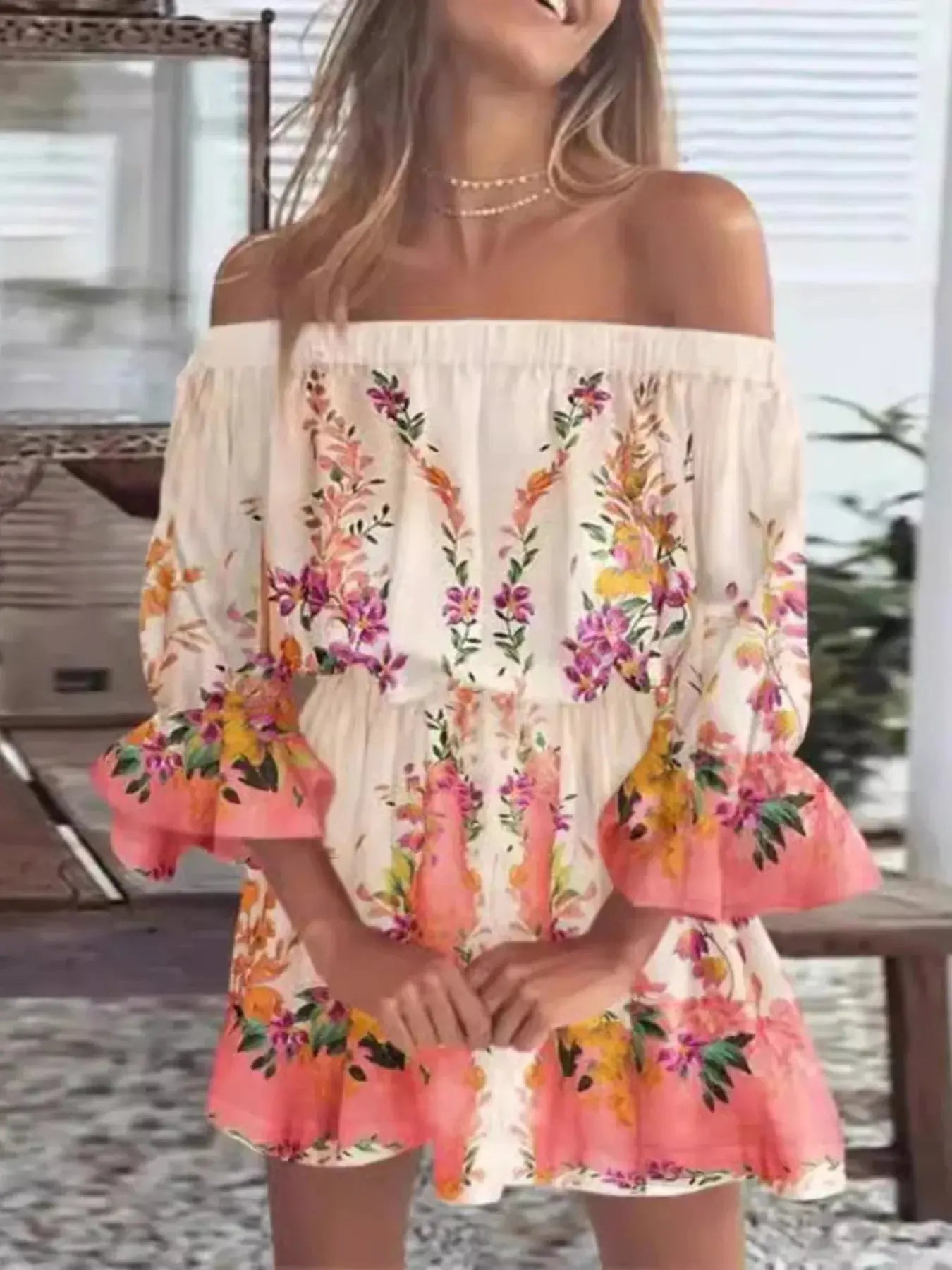 Full Size Floral Off Shoulder Mini Dress with Flounce Sleeves - Be Bliss Boutique