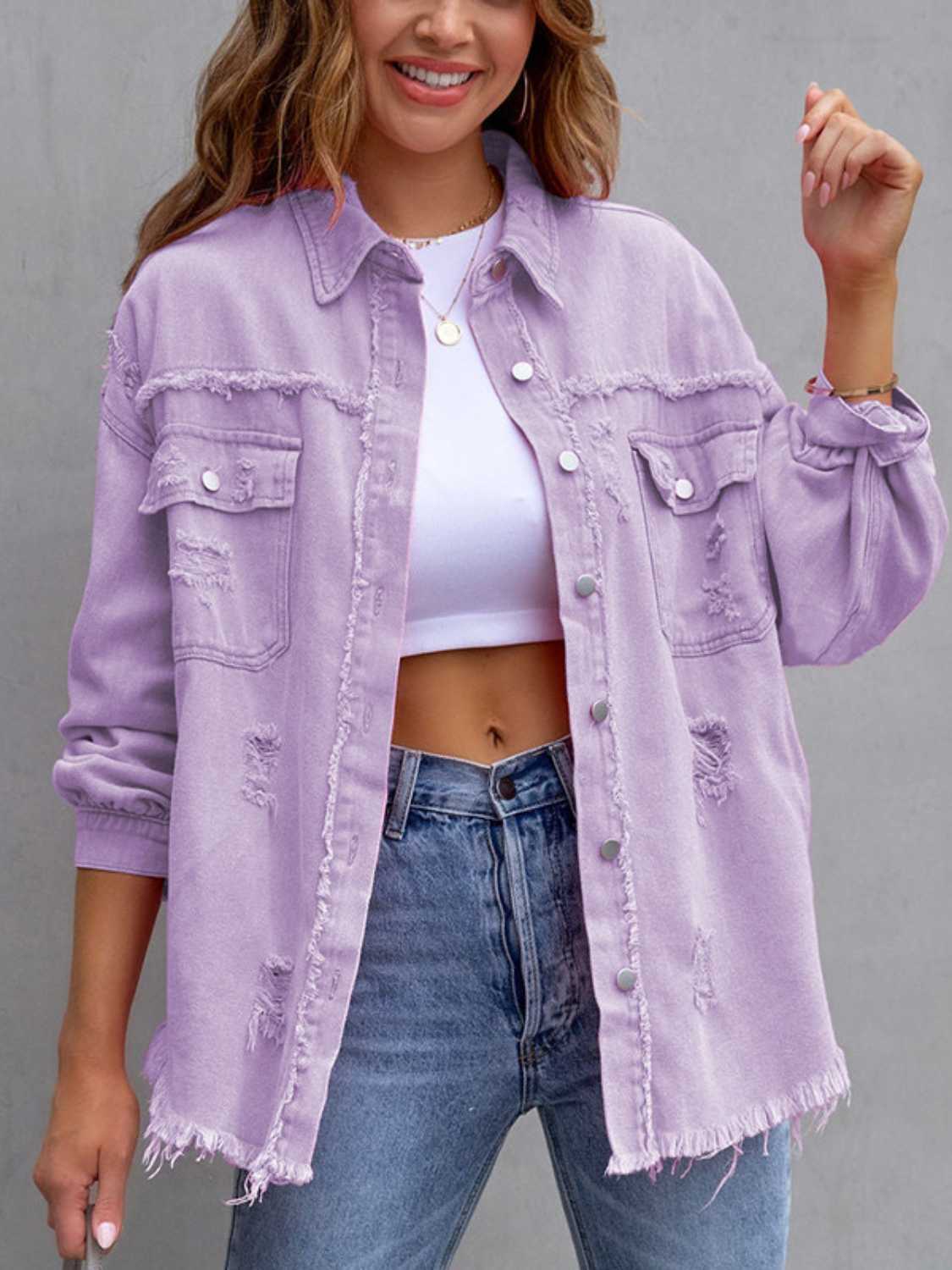 Distressed Drop Shoulder Denim Jacket - Be Bliss Boutique