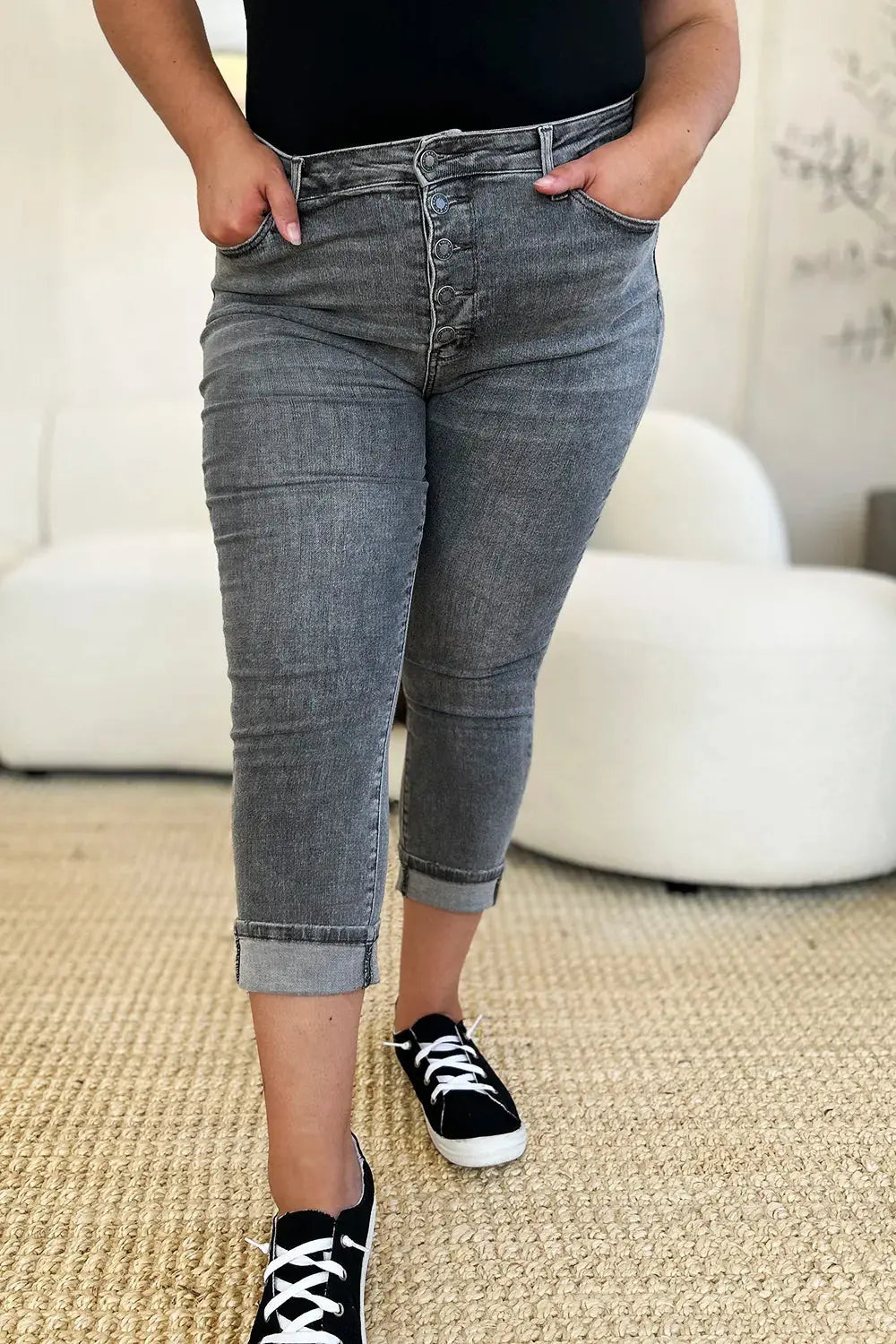 Judy Blue Jeans - Full Size Button Fly High Waist Cuffed Capris - Be Bliss Boutique