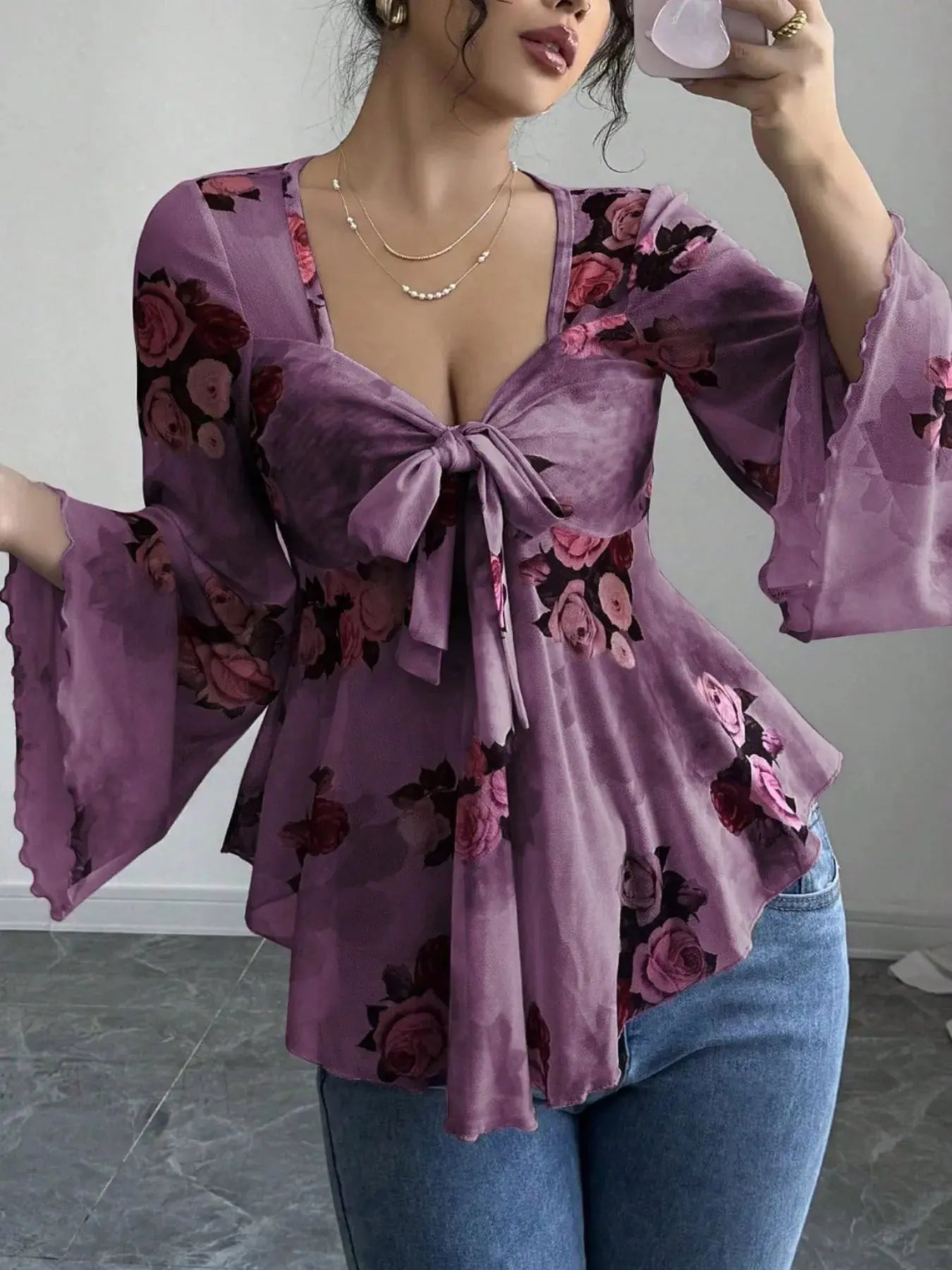 Floral Tie Front Flare Sleeve Blouse - Be Bliss Boutique