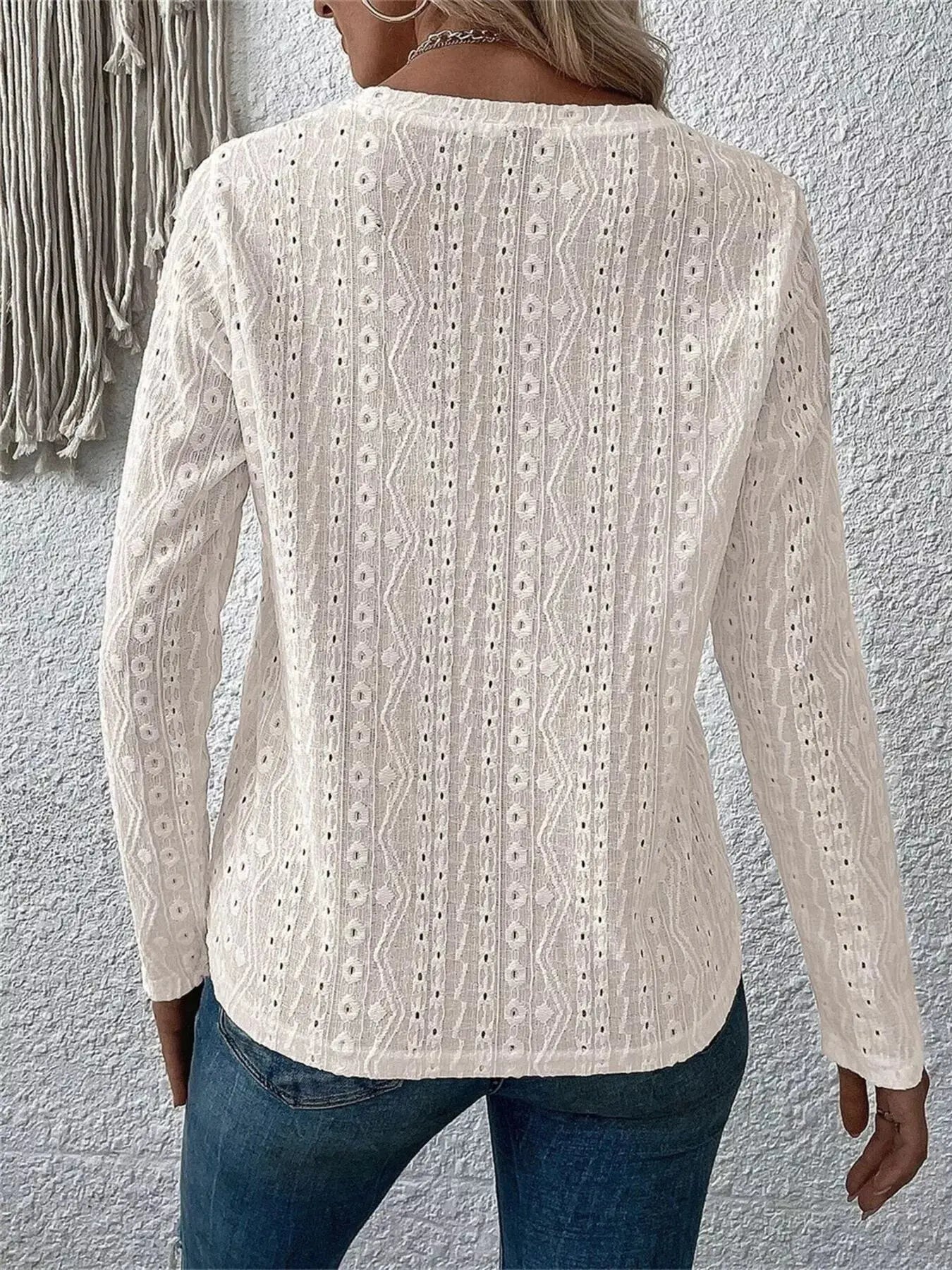 Eyelet Round Neck Plus Size Long Sleeve Blouse - Be Bliss Boutique