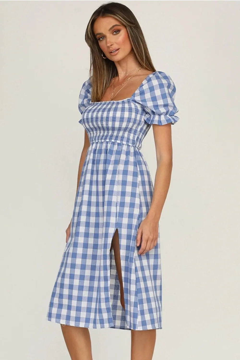 Full Size Slit Plaid Short Sleeve Midi Dress - Be Bliss Boutique
