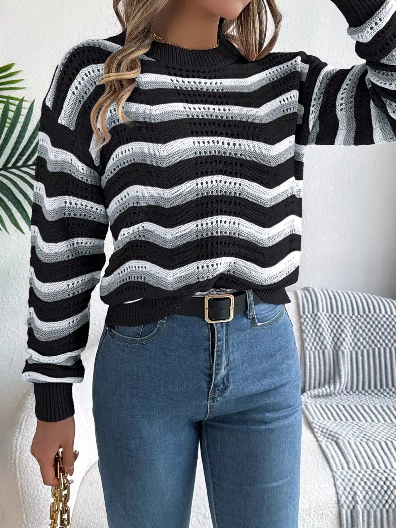 Round Neck Striped Long Sleeve Sweater - Be Bliss Boutique
