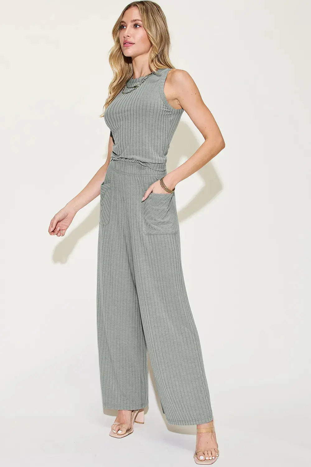 Basic Bae Full Size Ribbed Tank and Wide Leg Pants Set - Be Bliss Boutique