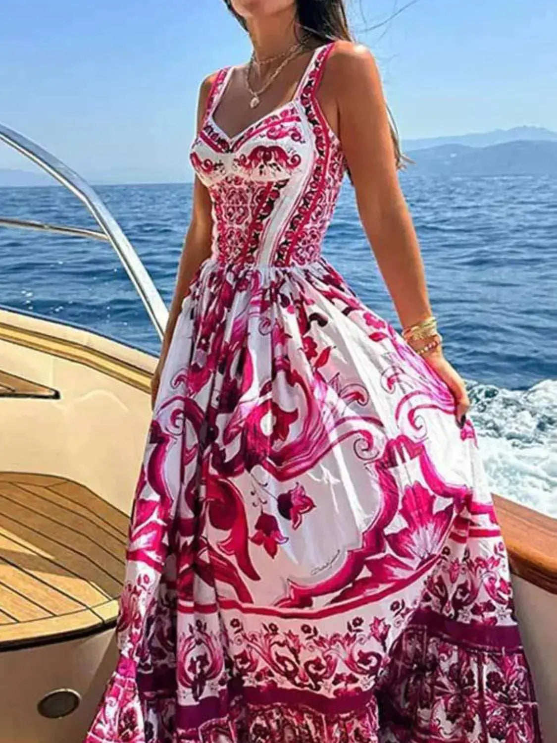 Smocked Blue Tile Print Wide Strap Midi Dress - Be Bliss Boutique