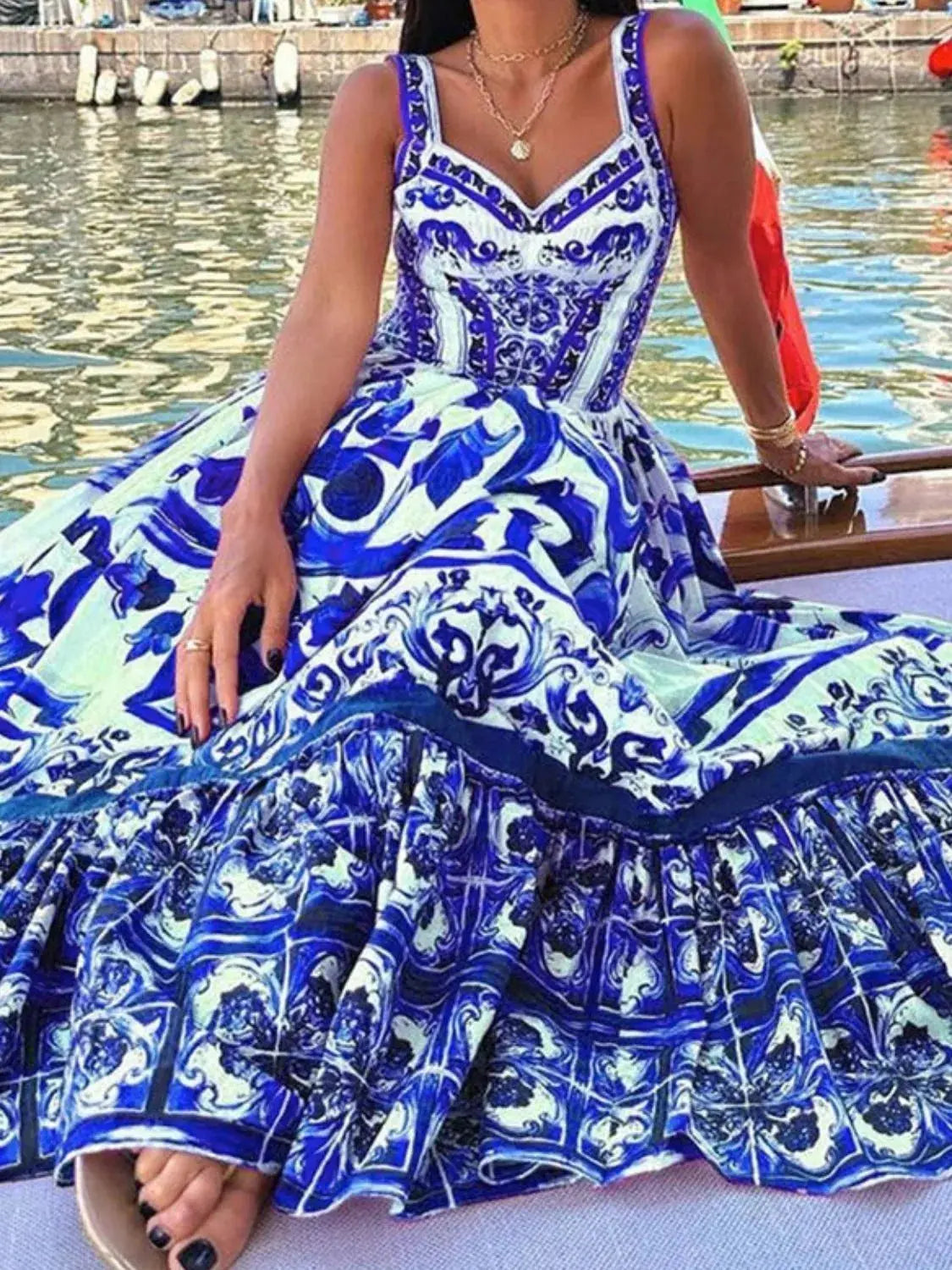 Smocked Blue Tile Print Wide Strap Midi Dress - Be Bliss Boutique