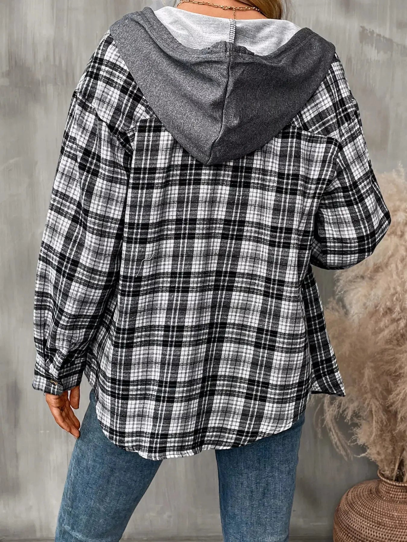Plaid Button-Up Oversized Hooded Shirt with Chest Pocket - Be Bliss Boutique