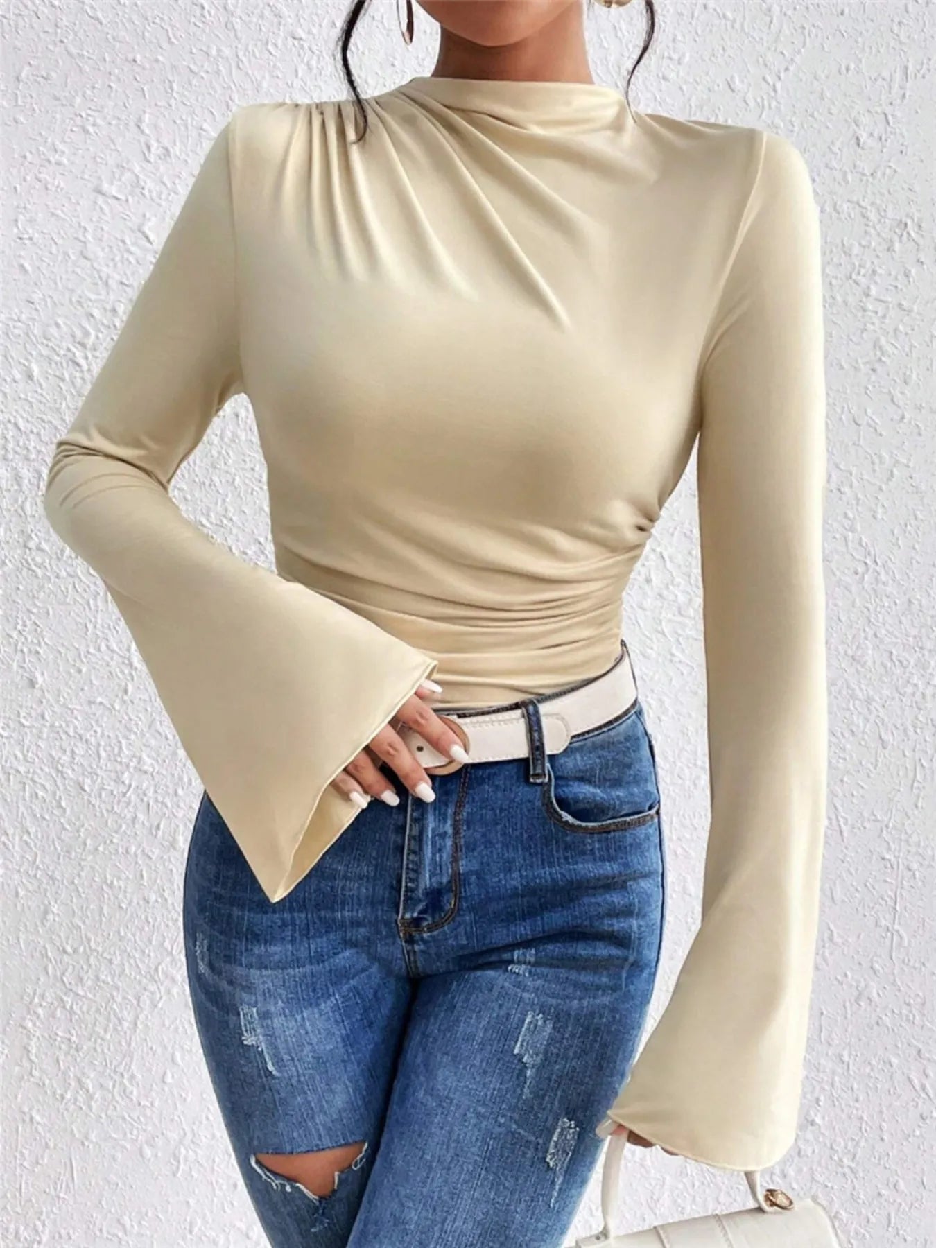 Bell Sleeve Ruched Fitted T-Shirt with Mock Neck - Be Bliss Boutique