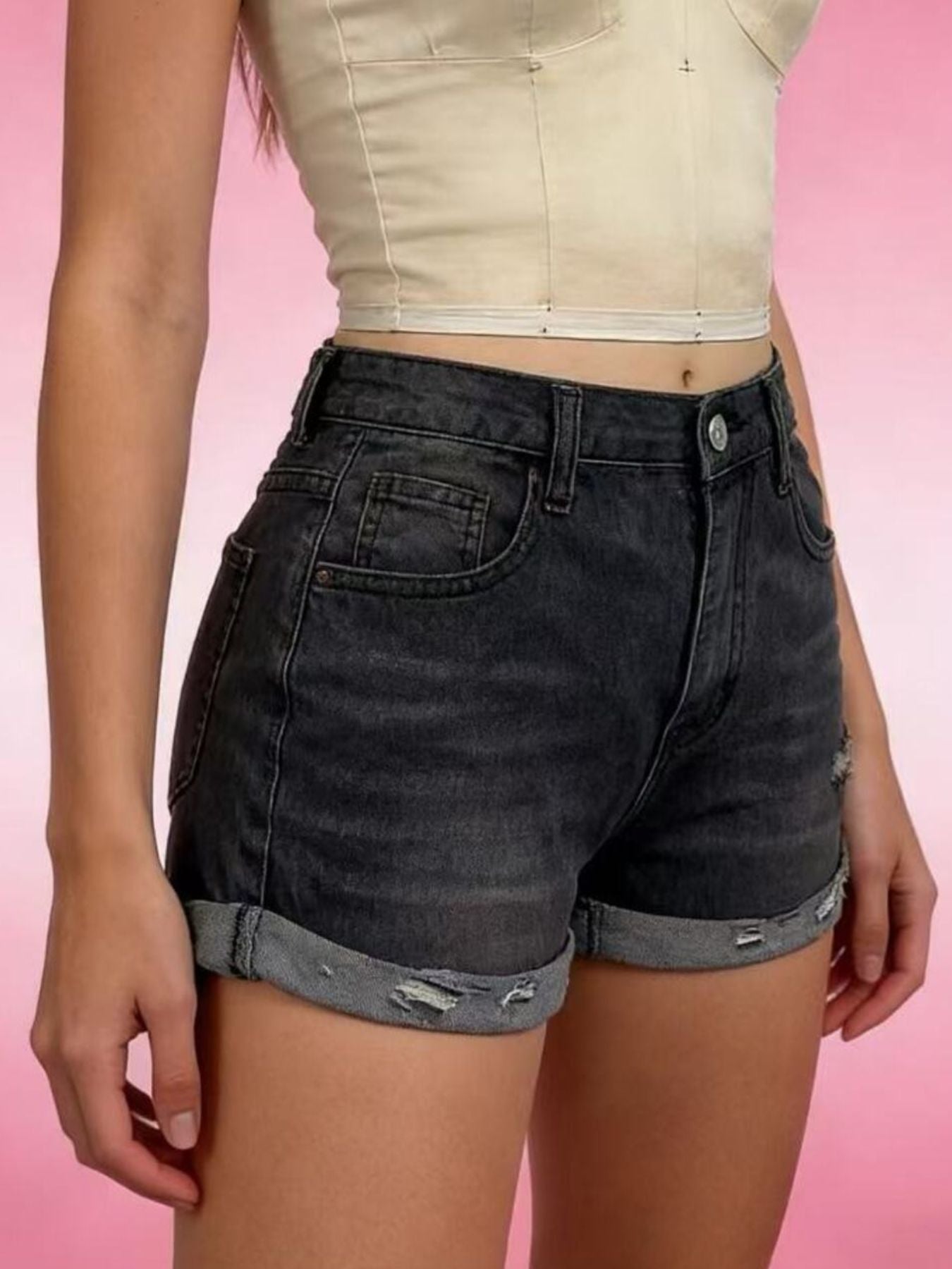 Distressed Denim Roll Up Shorts - Be Bliss Boutique