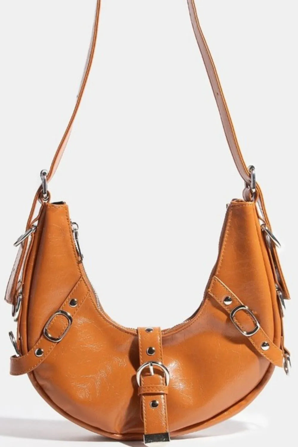 Fame Multi Belt Strap Cognac Shoulder Bag – Buckle Accent Crescent Purse - Be Bliss Boutique