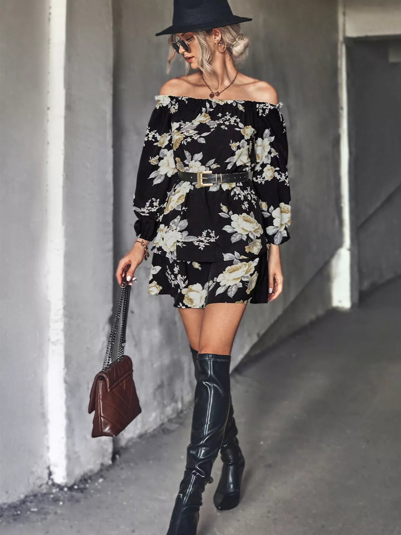 Off-Shoulder Floral Print Long Sleeve Mini Dress - Be Bliss Boutique