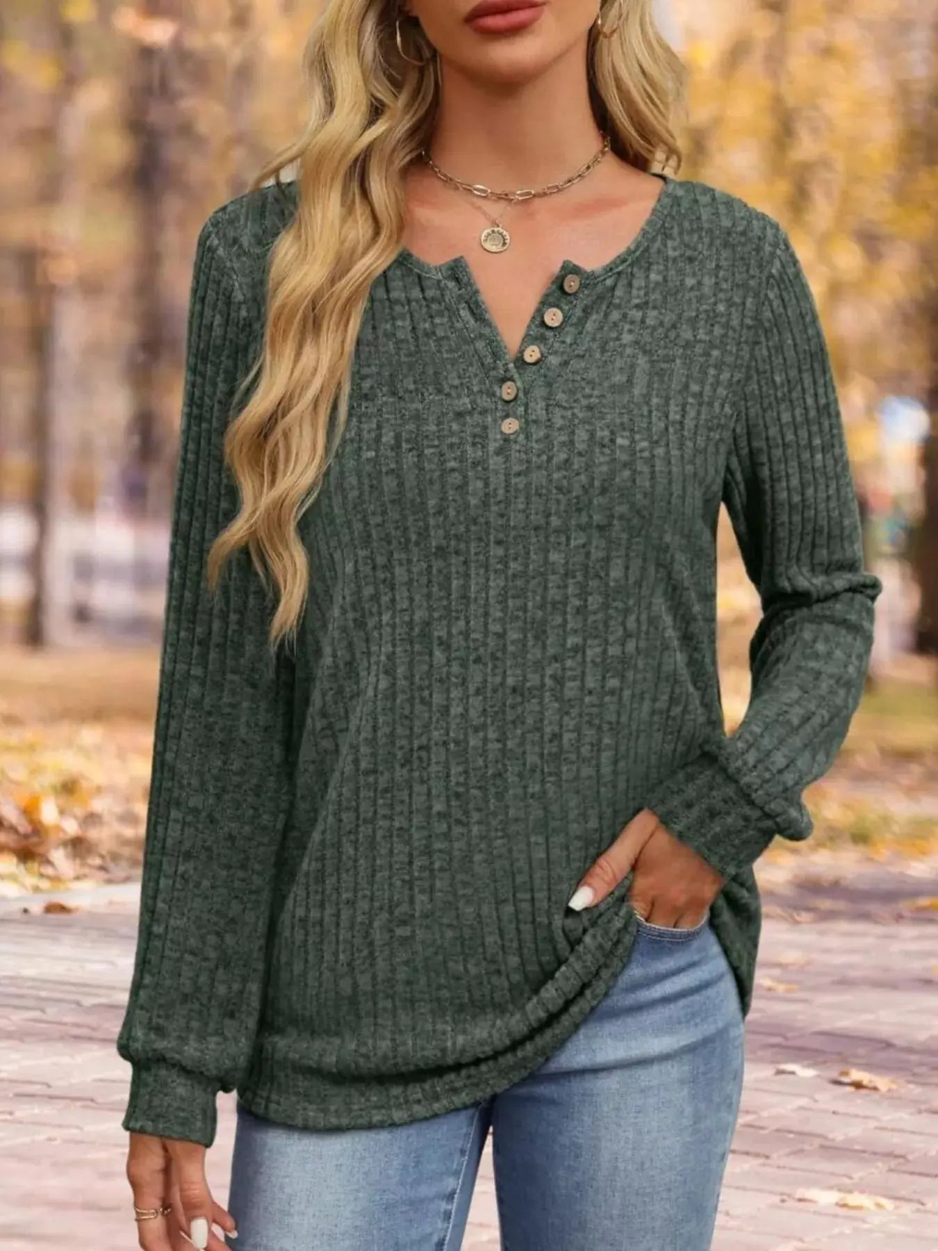 Ribbed Knit Button Front Long Sleeve T Shirt - Be Bliss Boutique