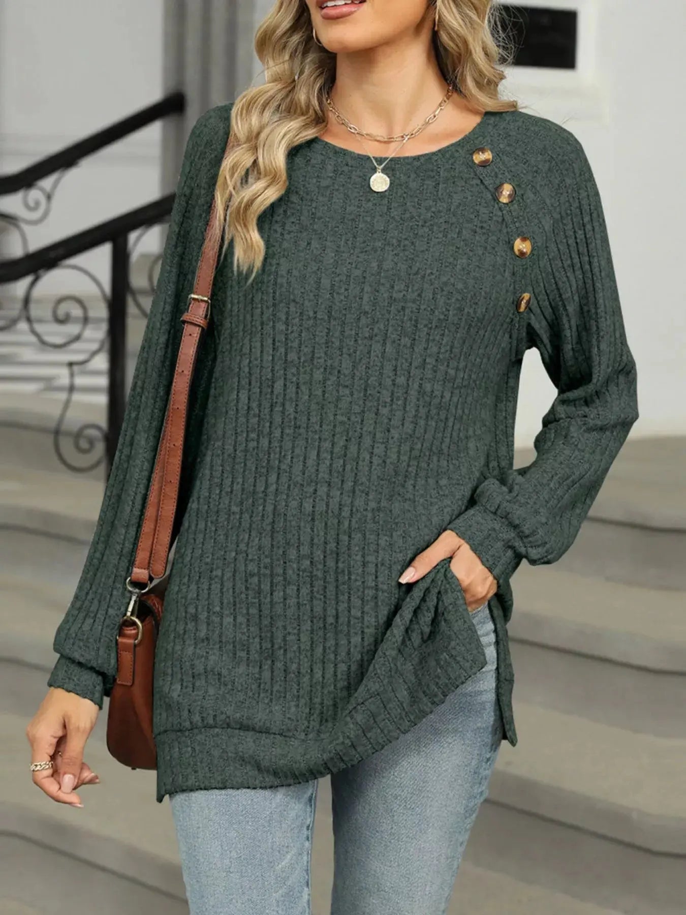 Cozy Chic Ribbed Button Detail Long Sleeve Tunic - Be Bliss Boutique