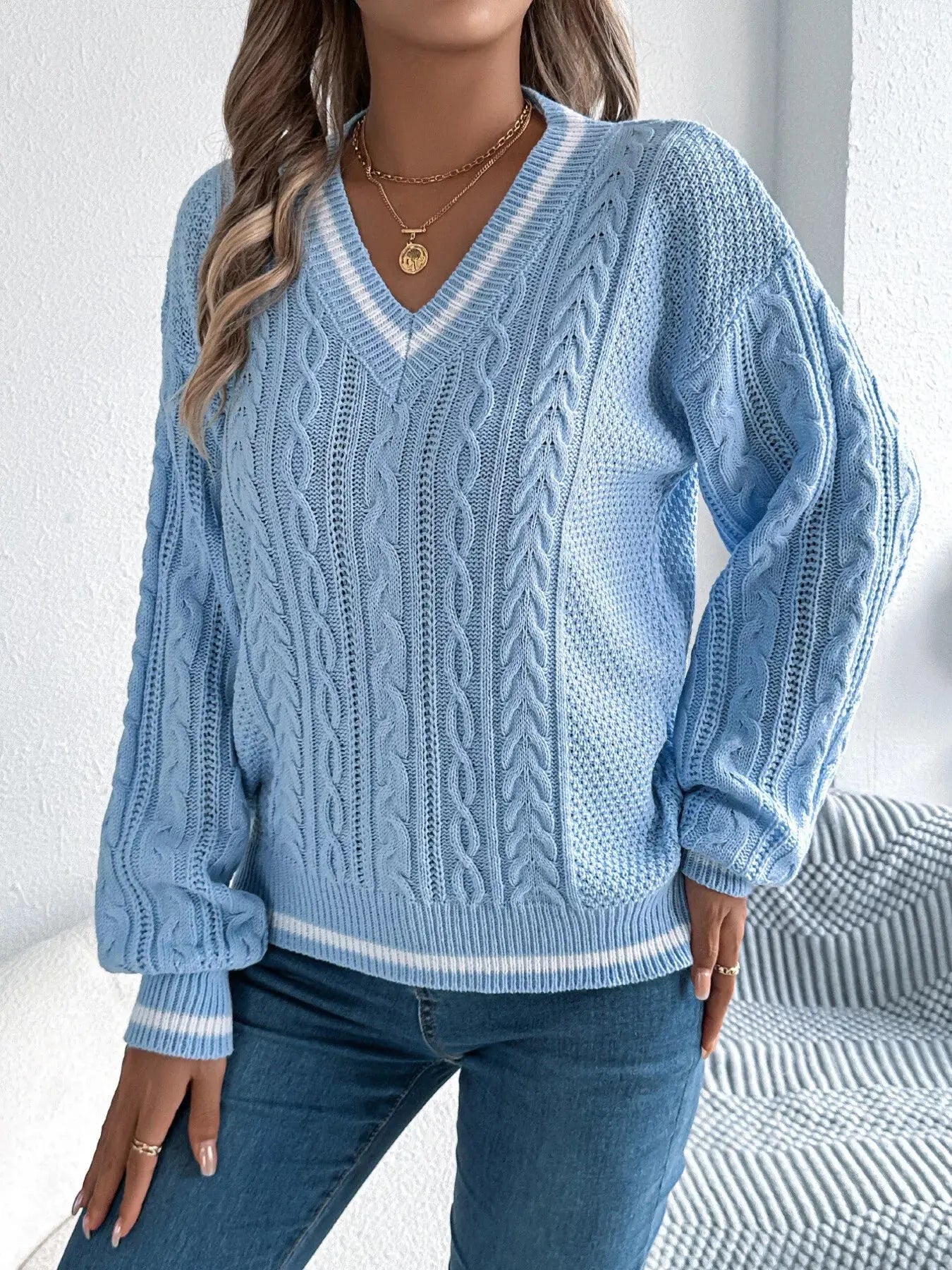 V-Neck Cable Knit Long Sleeve Sweater - Be Bliss Boutique
