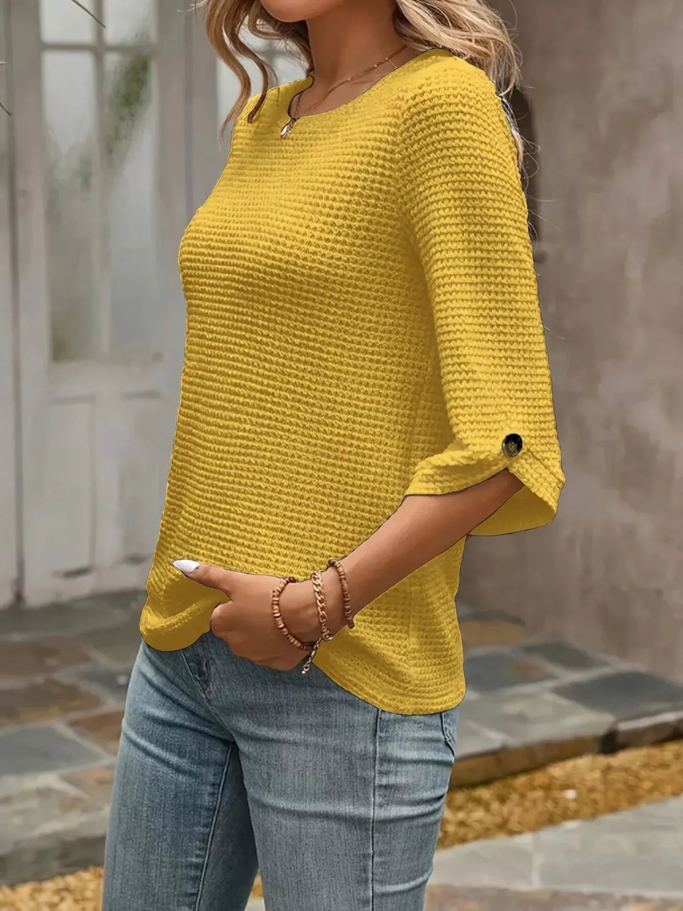 Waffle-Knit Round Neck Knit Top - Be Bliss Boutique