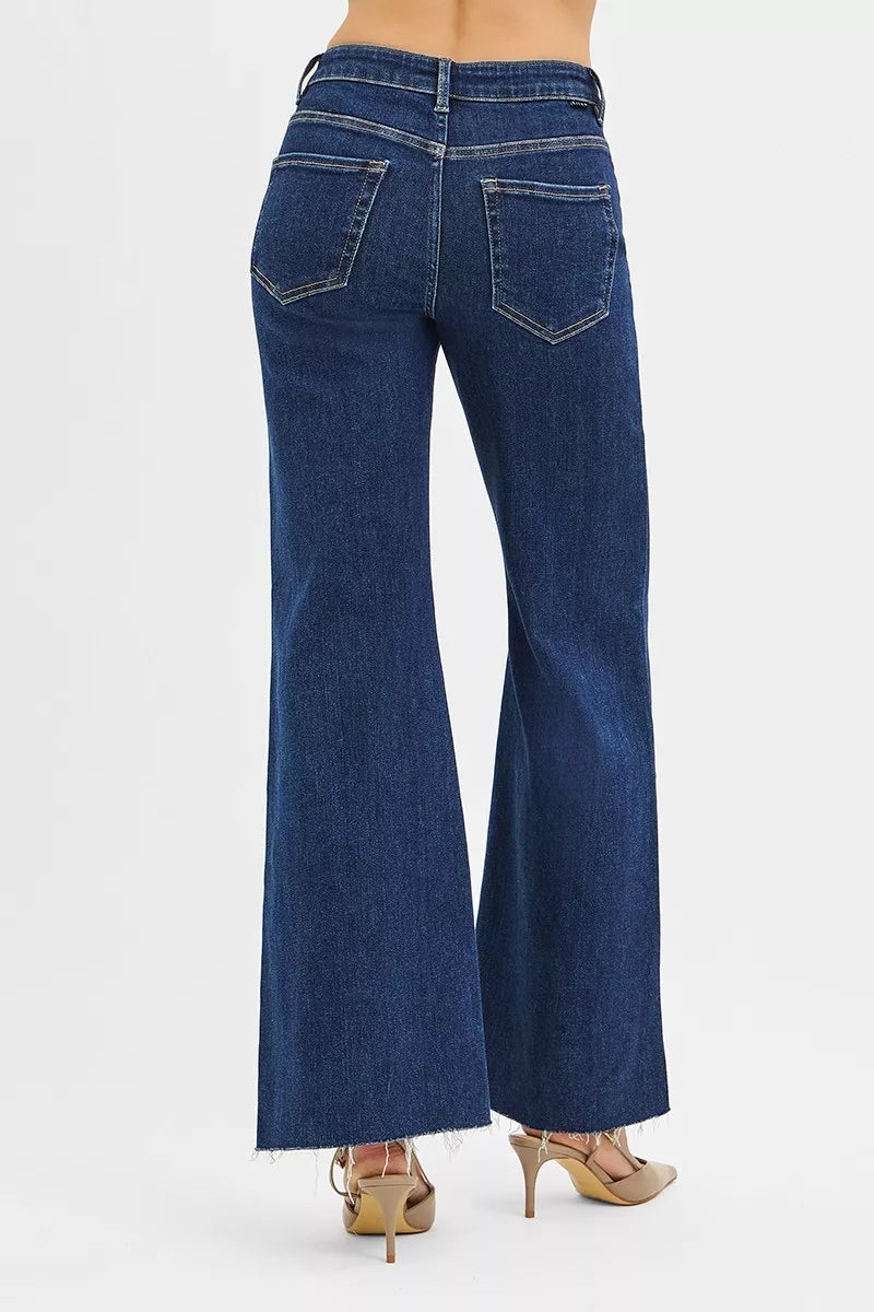 RISEN Jeans - High Rise Wide Flare Jeans with Front Leather Pocket Detail - Be Bliss Boutique