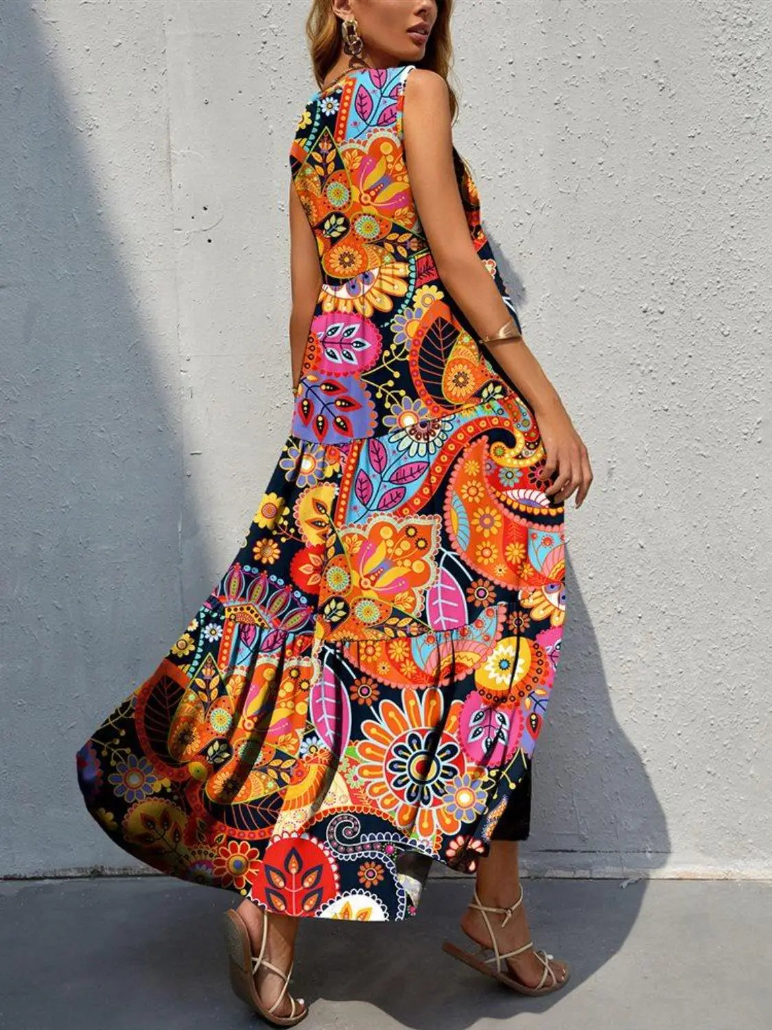 Tiered Printed V-Neck Sleeveless Dress - Be Bliss Boutique