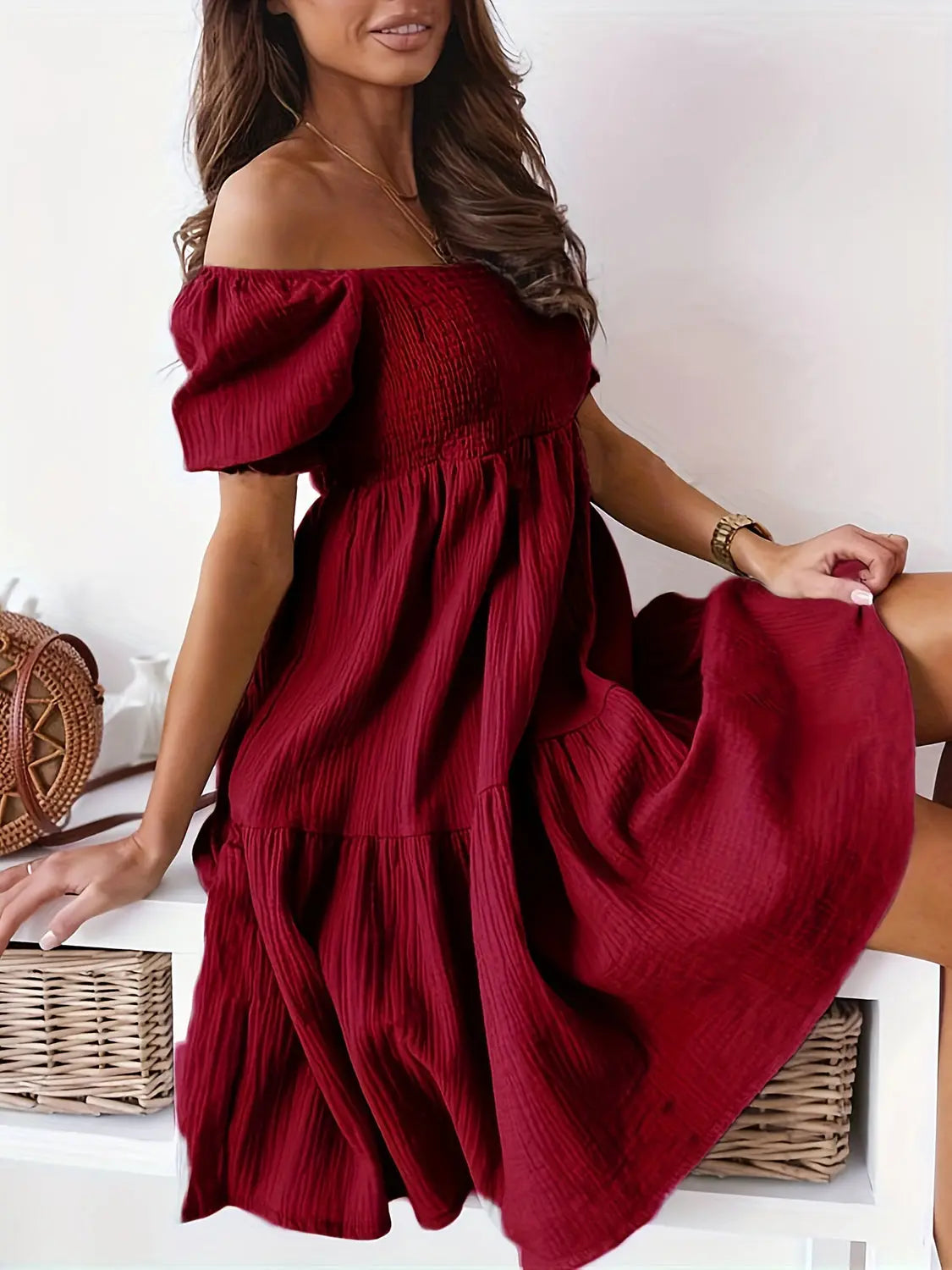 Full Size Ruffled Off Shoulder Short Sleeve Dress - Be Bliss Boutique