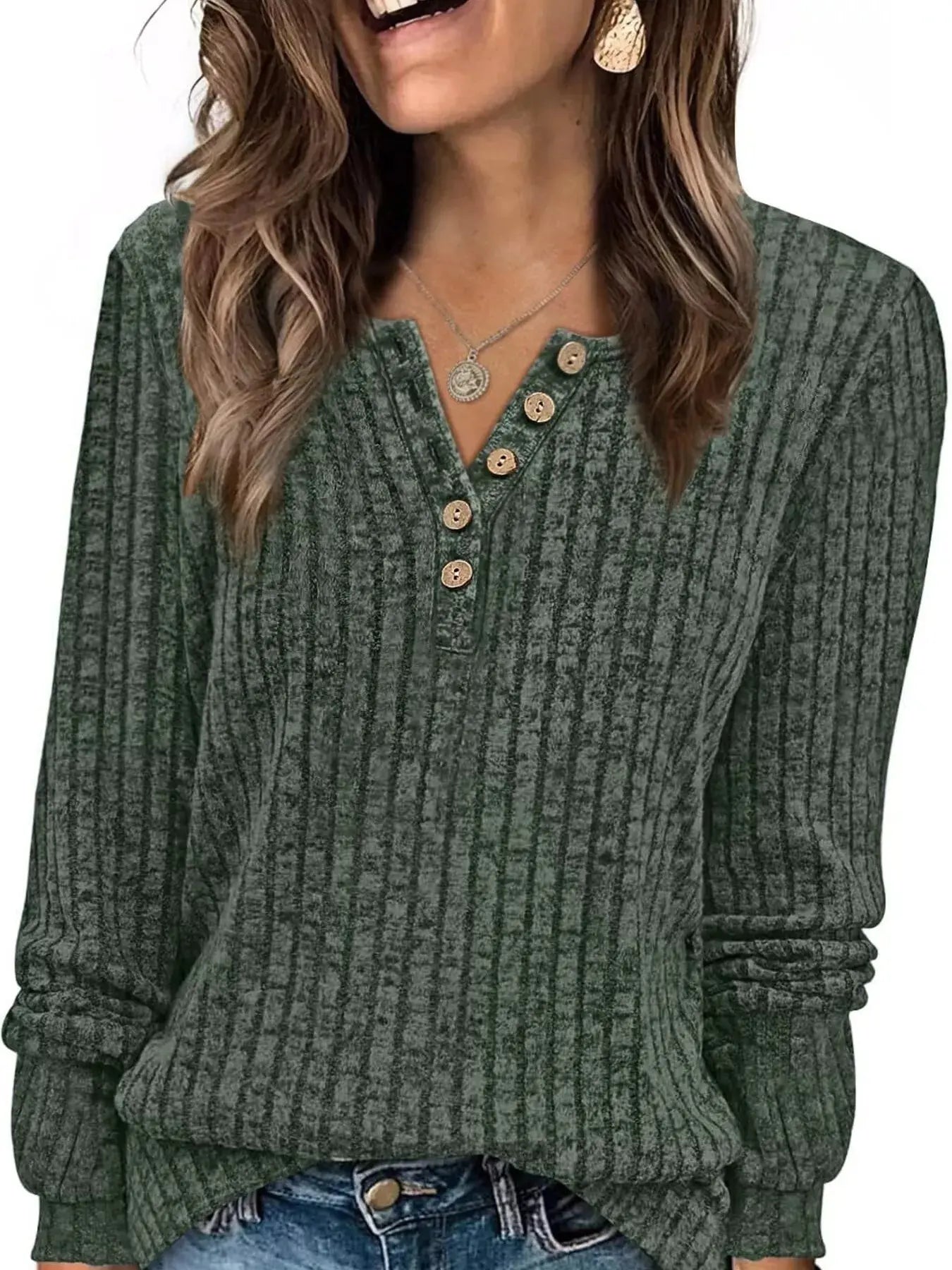 Ribbed Knit Button Front Long Sleeve T Shirt - Be Bliss Boutique