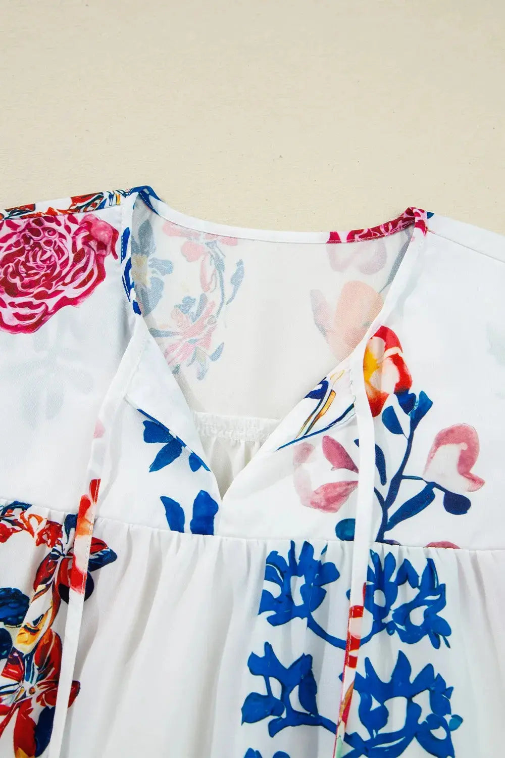 Bloom Printed 3/4 Sleeve Tie Neck Tassel Boho Blouse - Be Bliss Boutique