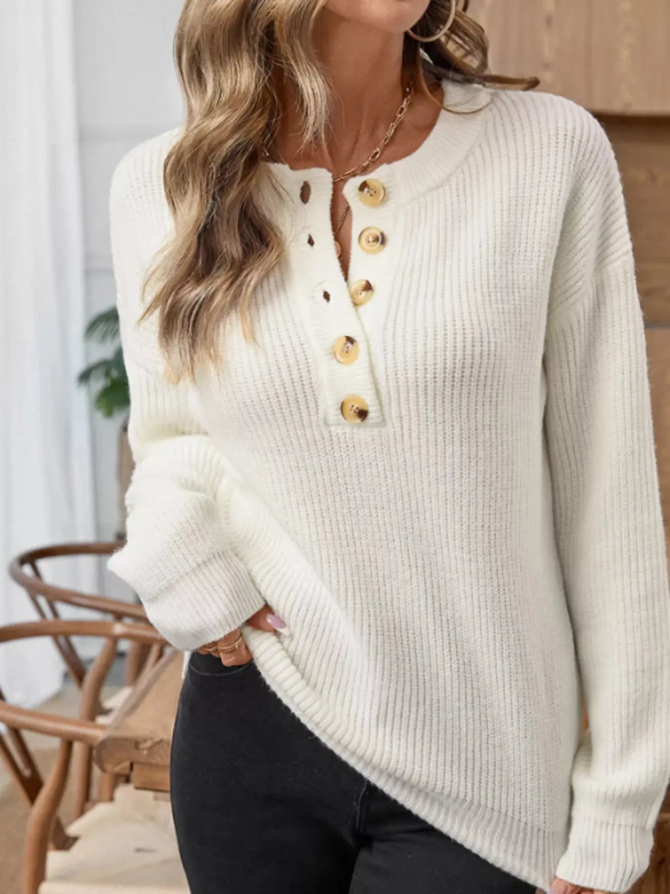 Button Detail Long Sleeve Sweater - Be Bliss Boutique