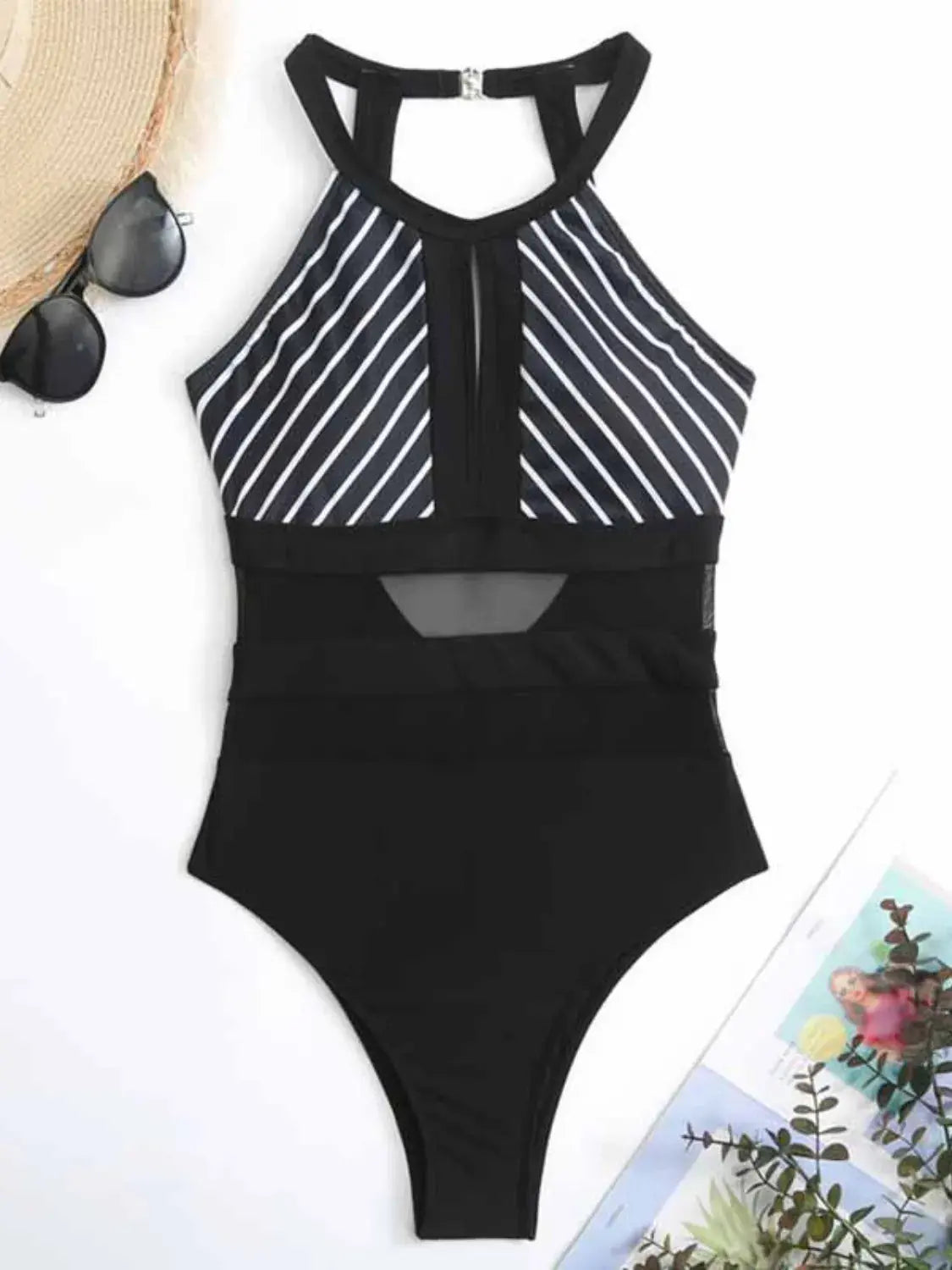 Mesh Cutout Striped Backless One Piece Swimsuit - Be Bliss Boutique