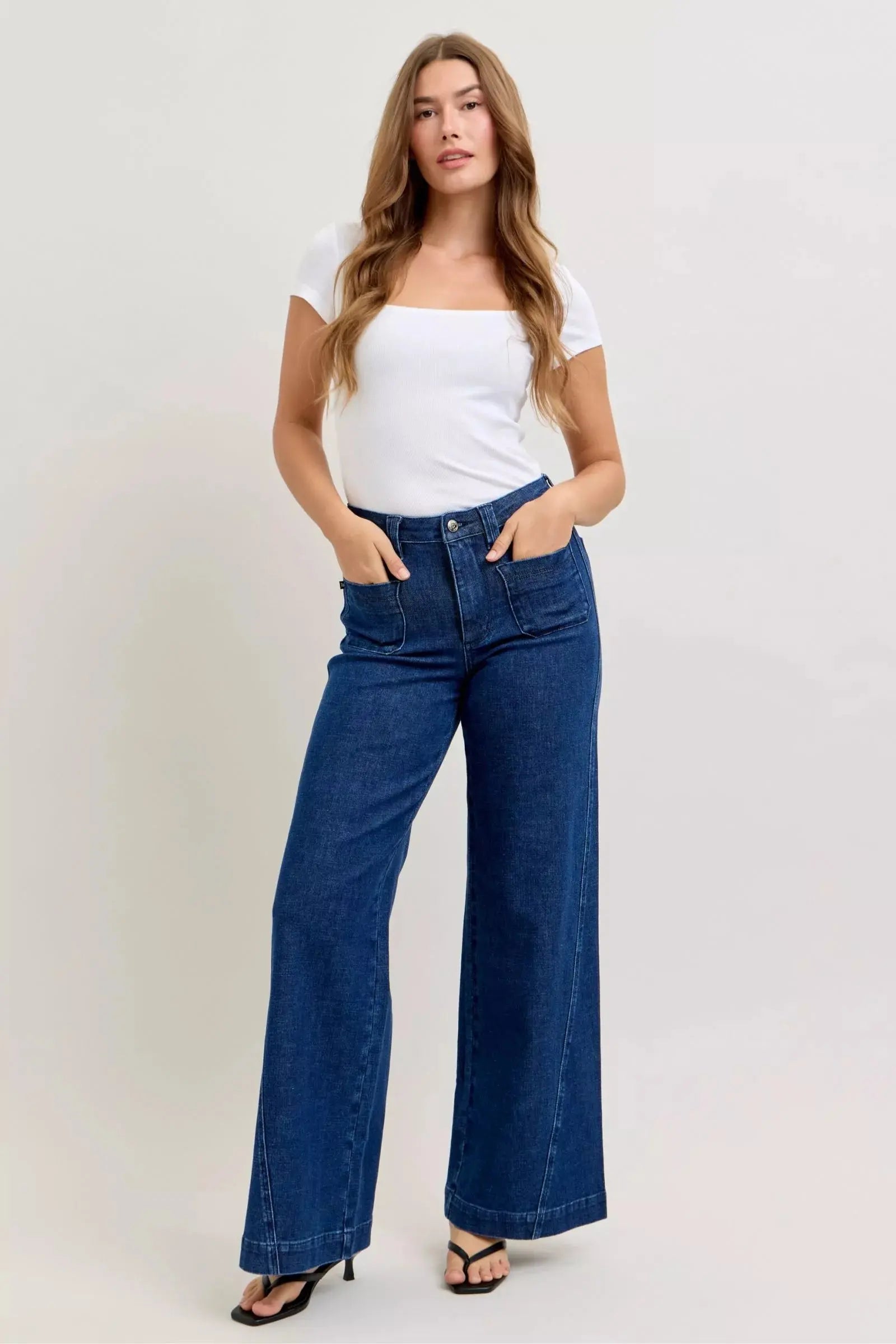 Judy Blue High-Waisted Retro Wide Jeans with Patch Pkts & Twisted Seams - Be Bliss Boutique