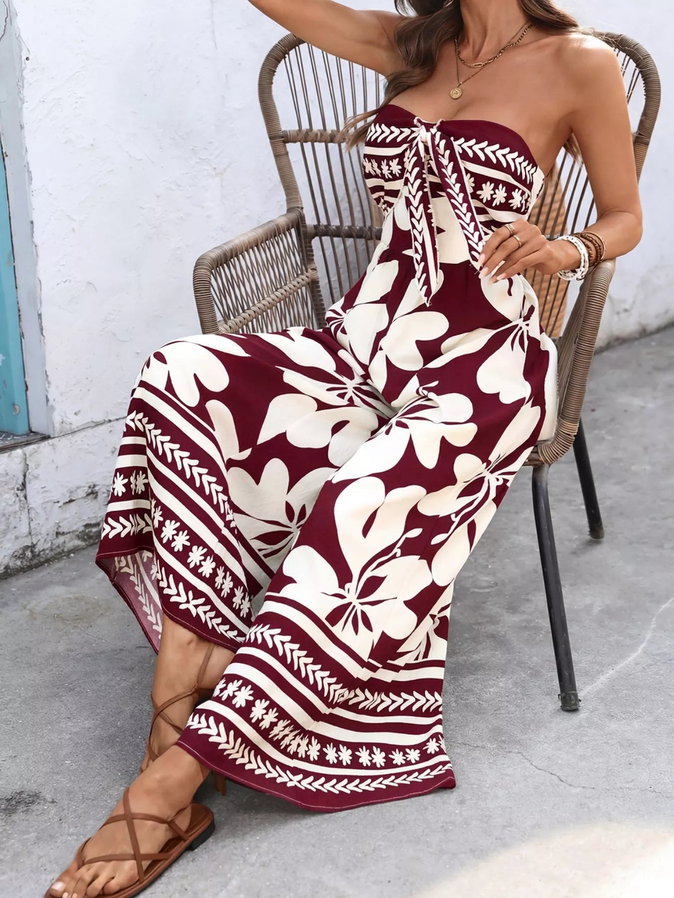 Floral Print Tie Front Strapless Wide Leg Jumpsuit - Be Bliss Boutique