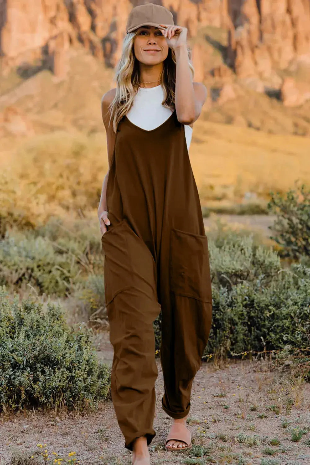 Double Take Full Size V-Neck Sleeveless Jumpsuit with Pockets - Be Bliss Boutique