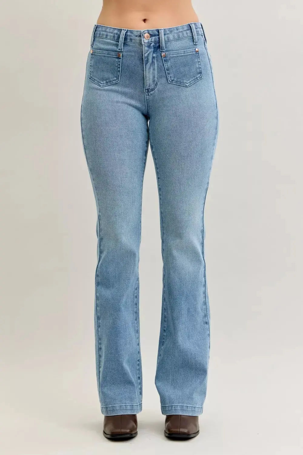 Judy Blue Jeans - Full Size Mid Rise Bootcut Jeans with Contrast Wash & Front Patch Pockets - Be Bliss Boutique